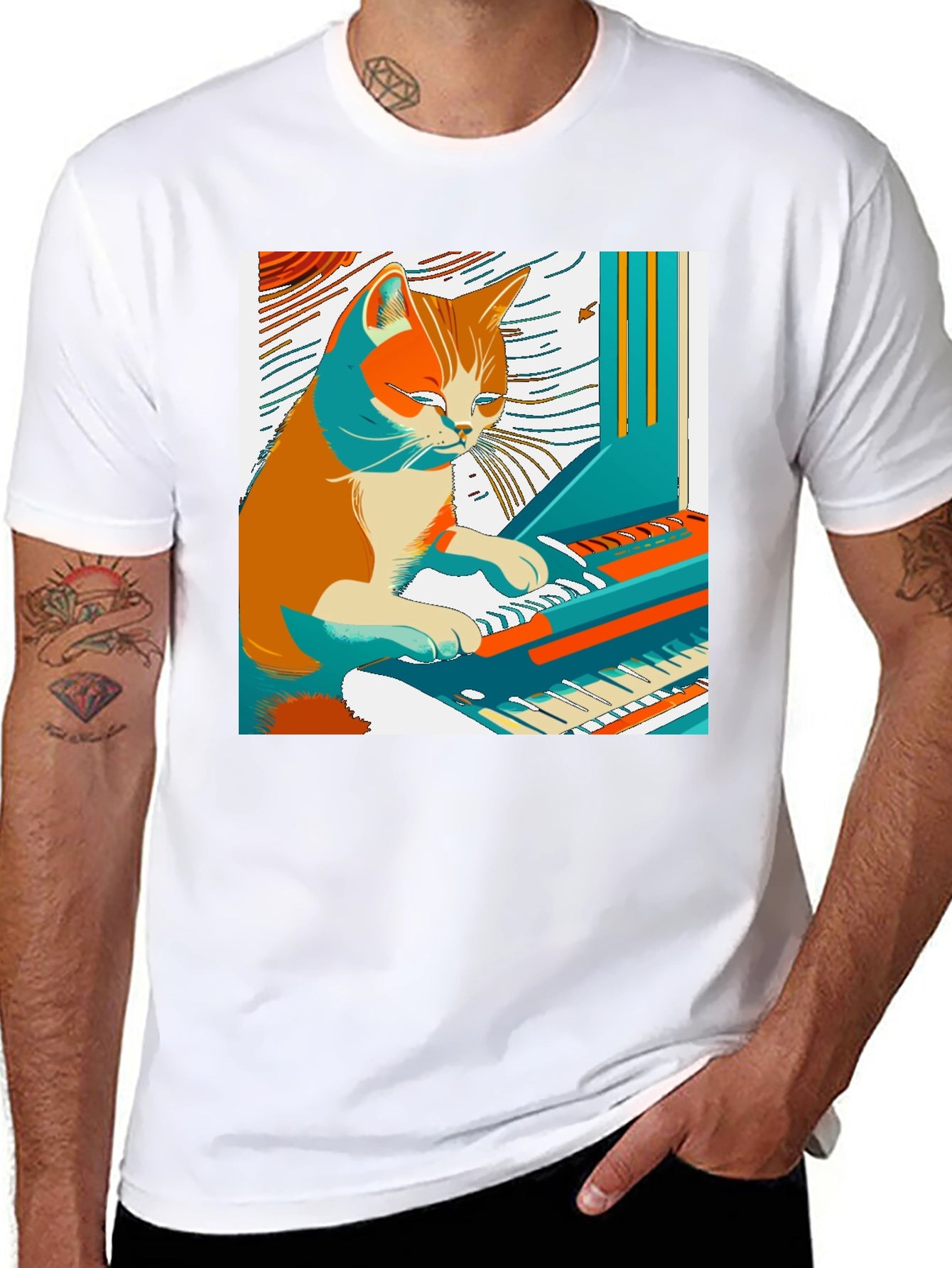Cat Playing Piano Graphic Tee - Unique & Stylish