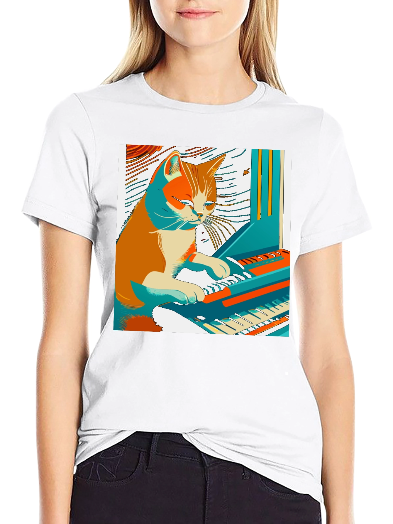 Cat Playing Piano Graphic Tee - Unique & Stylish