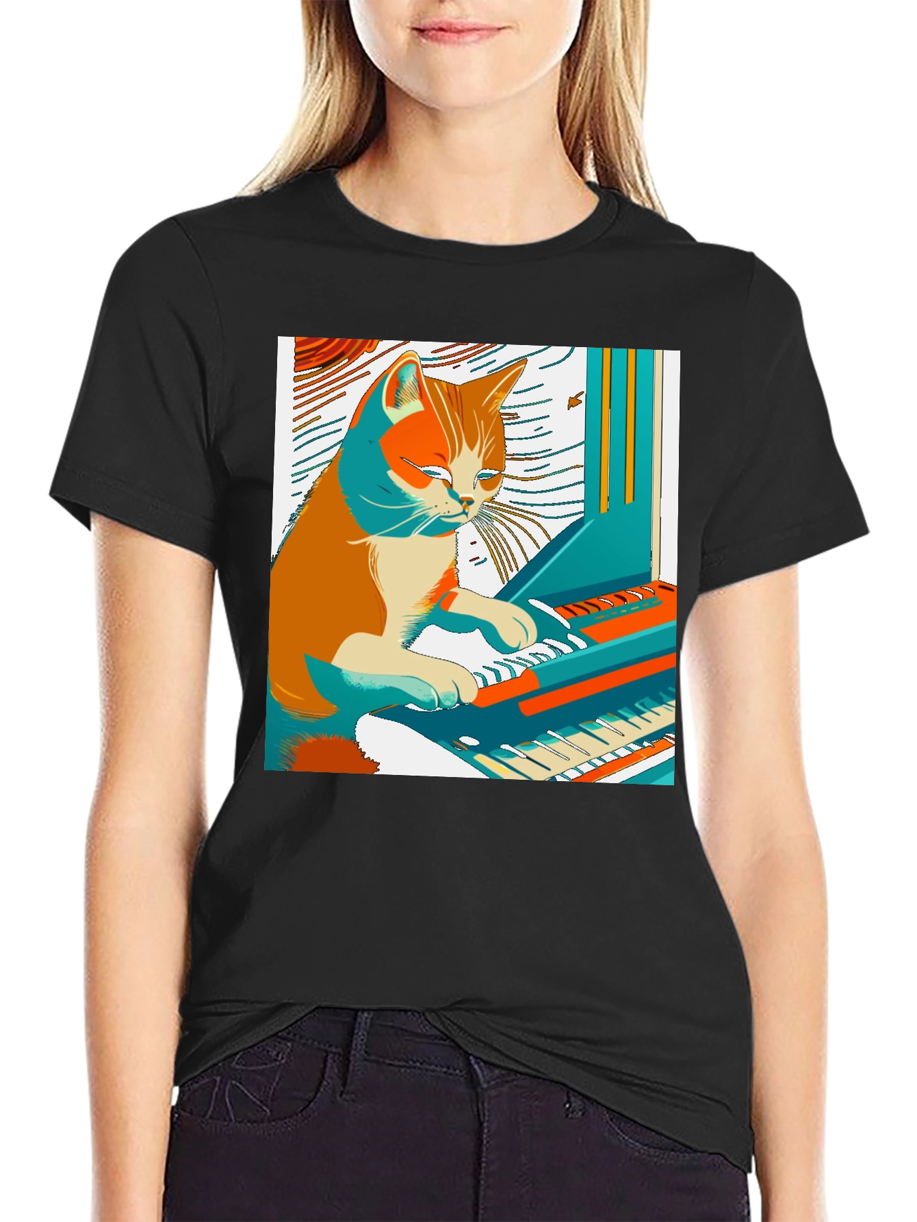 Cat Playing Piano Graphic Tee - Unique & Stylish