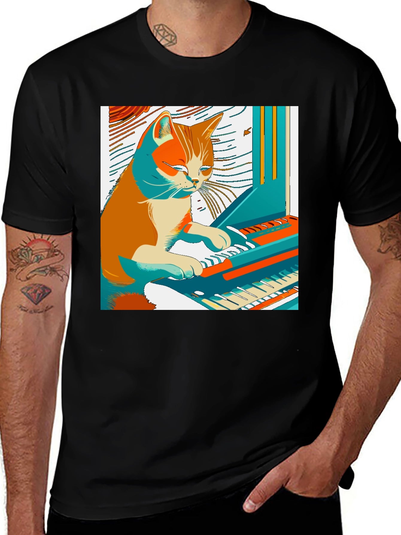 Cat Playing Piano Graphic Tee - Unique & Stylish