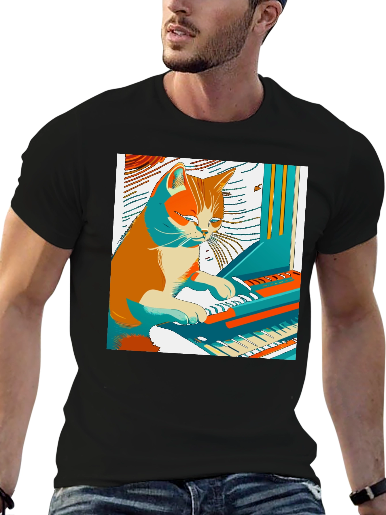 Cat Playing Piano Graphic Tee - Unique & Stylish