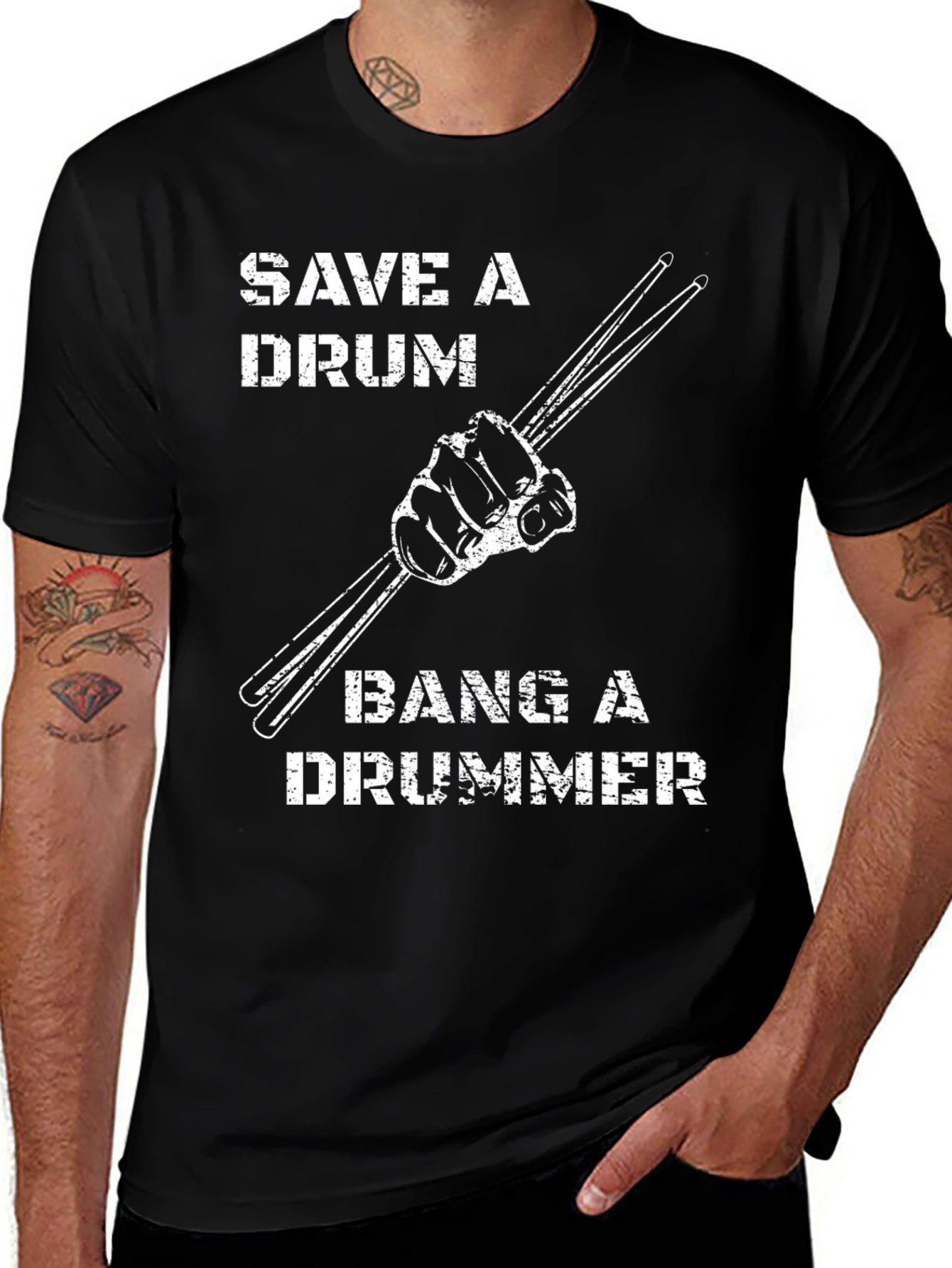 Save a Drum Bang a Drummer Black Graphic T-Shirt