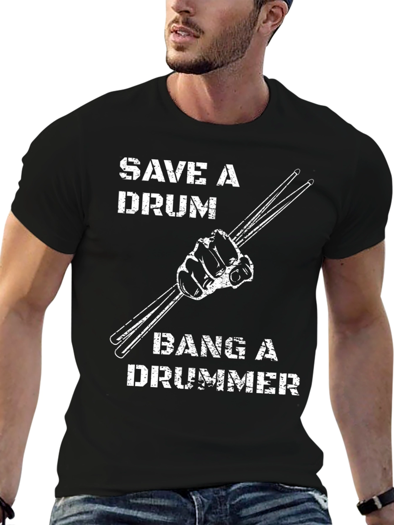 Save a Drum Bang a Drummer Black Graphic T-Shirt