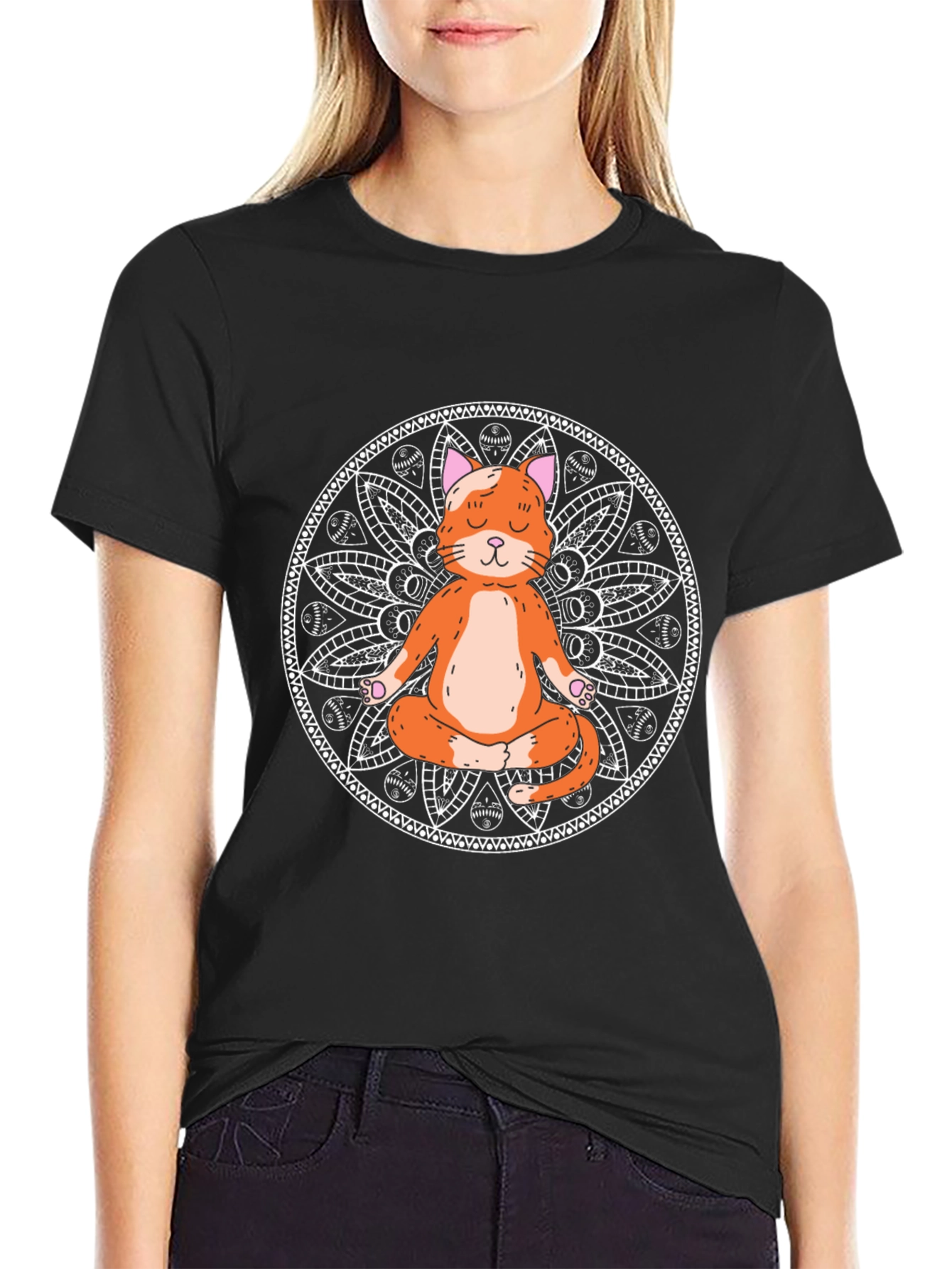 Yoga Cat Mandala Black T-Shirt - Meditating Feline
