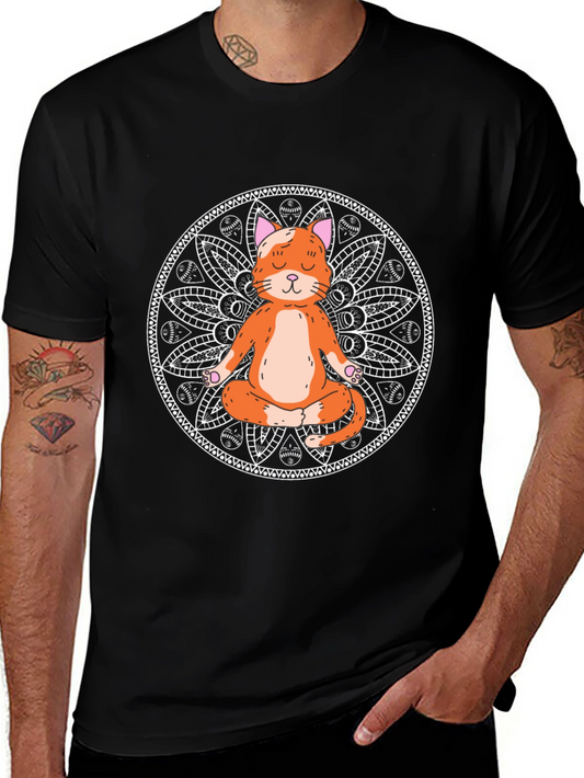 Yoga Cat Mandala Black T-Shirt - Meditating Feline