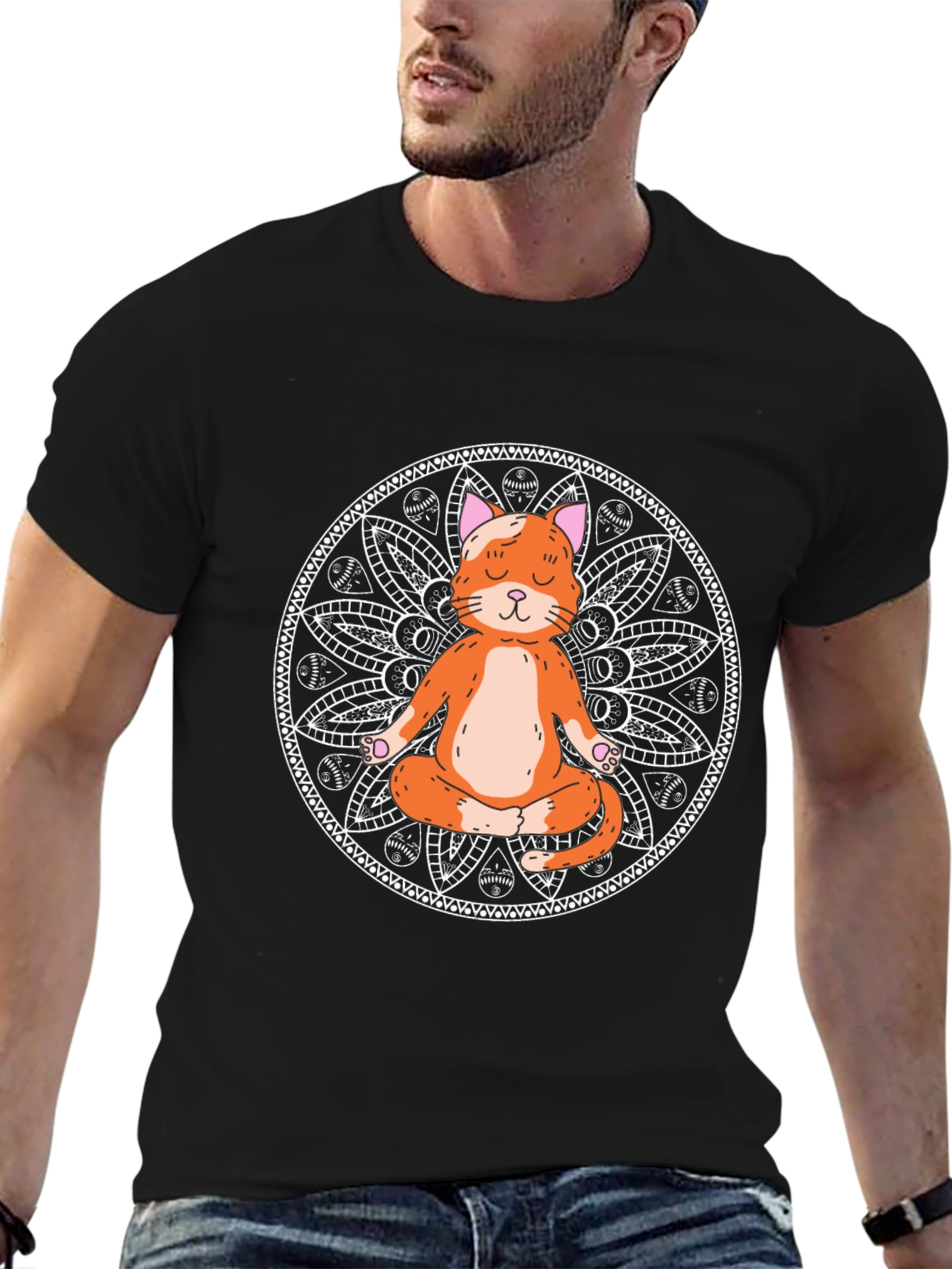 Yoga Cat Mandala Black T-Shirt - Meditating Feline