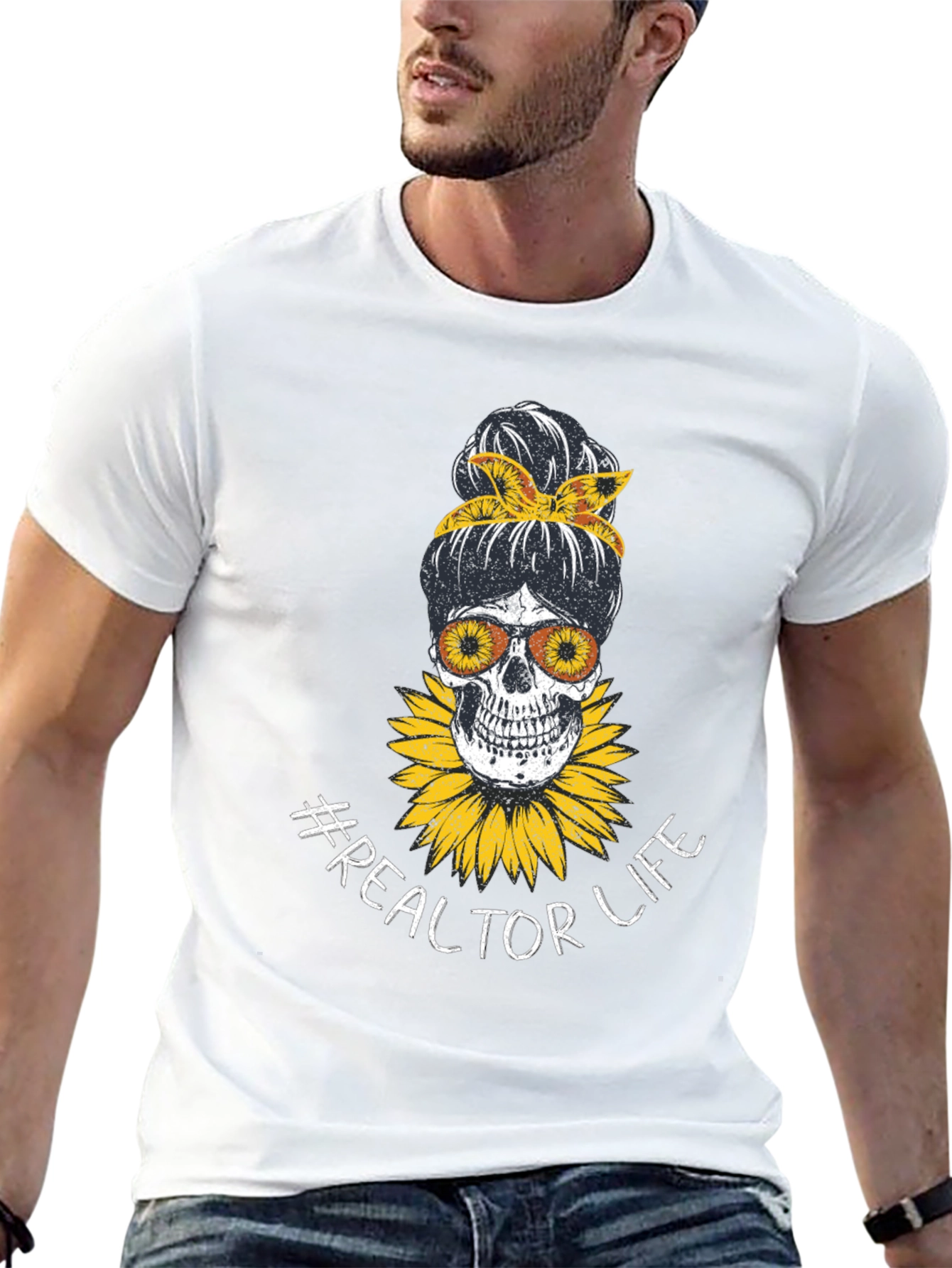 Realtor Life Skull Sunflower Graphic T-Shirt