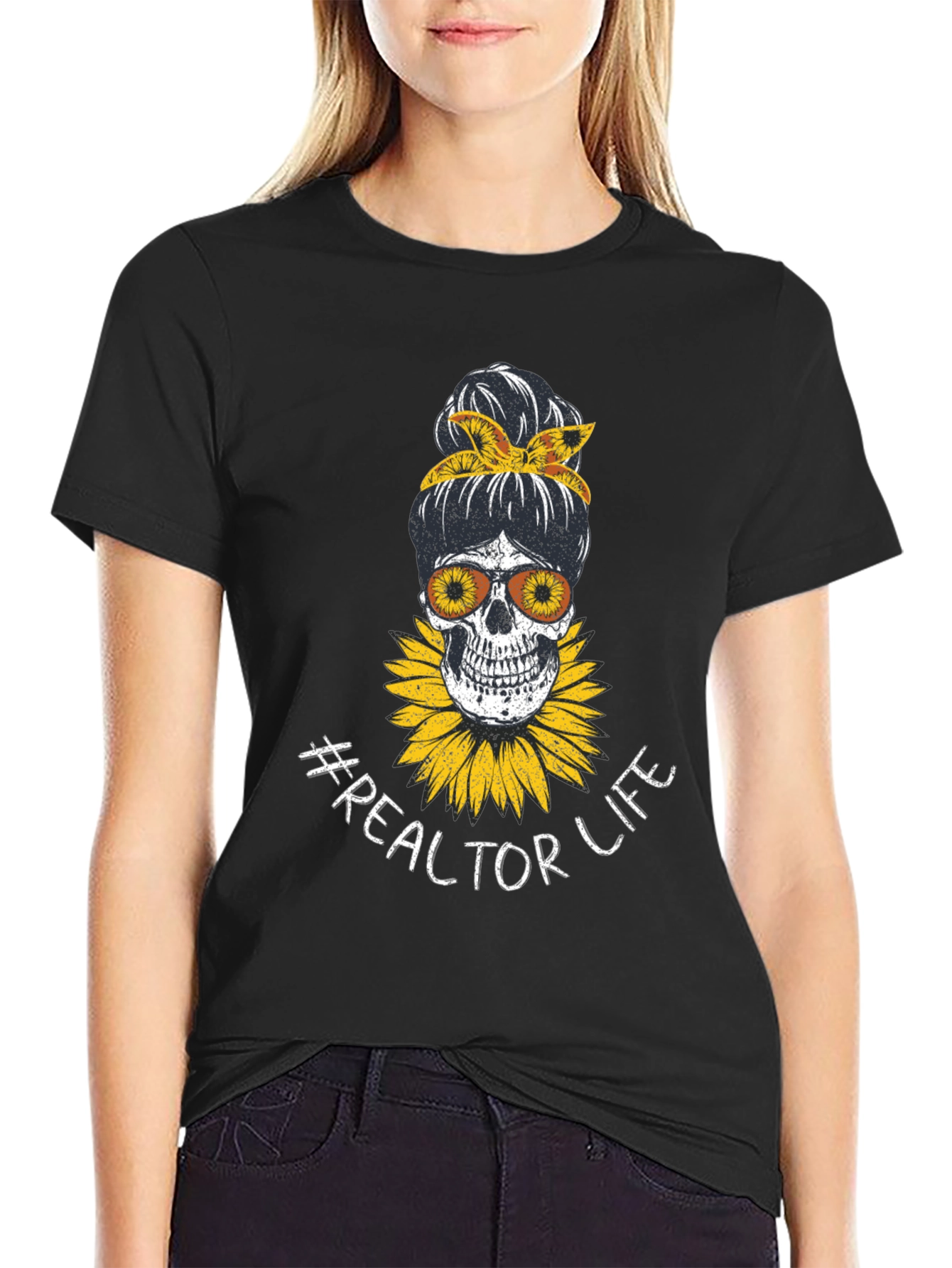 Realtor Life Skull Sunflower Graphic T-Shirt