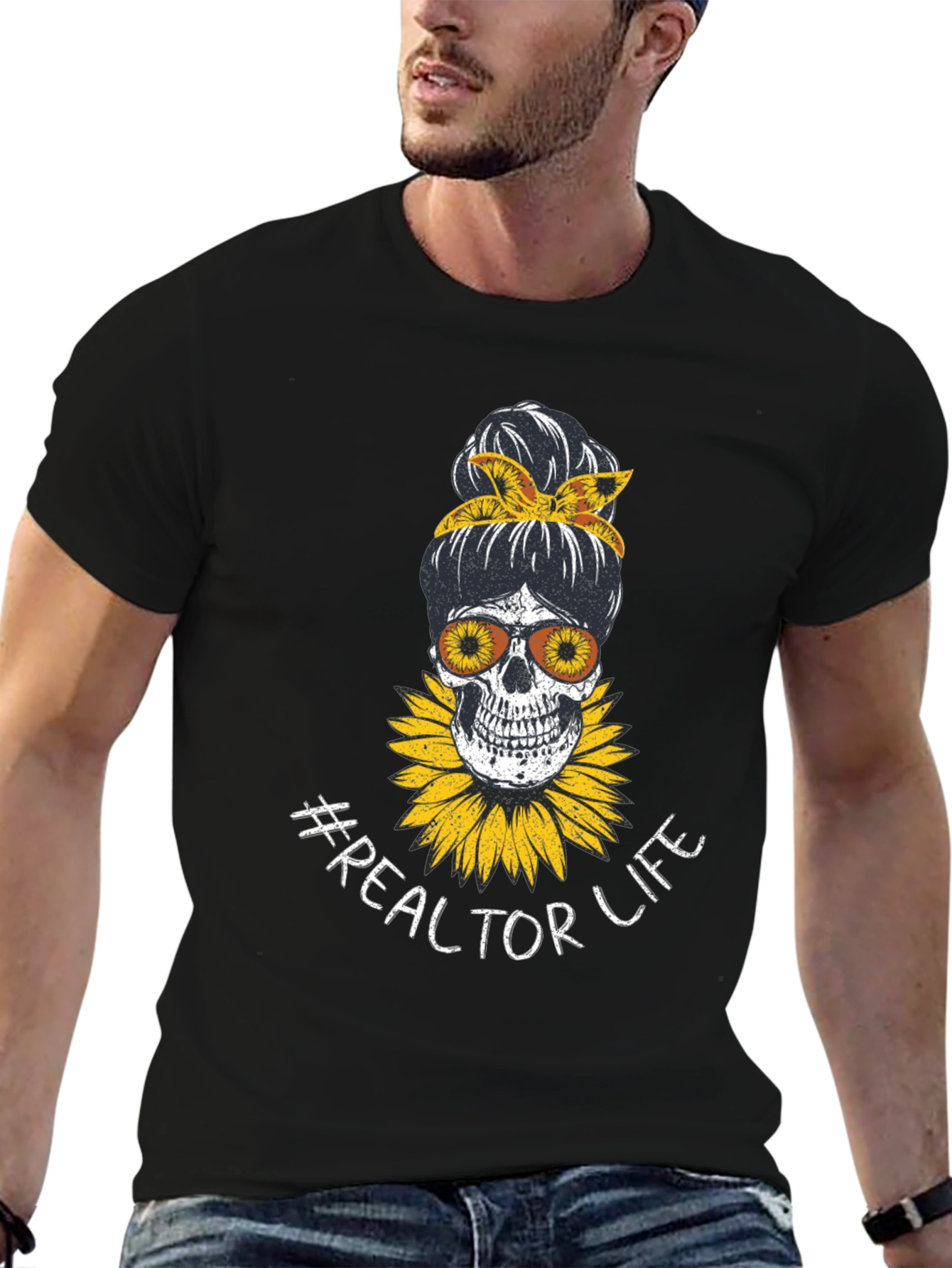 Realtor Life Skull Sunflower Graphic T-Shirt