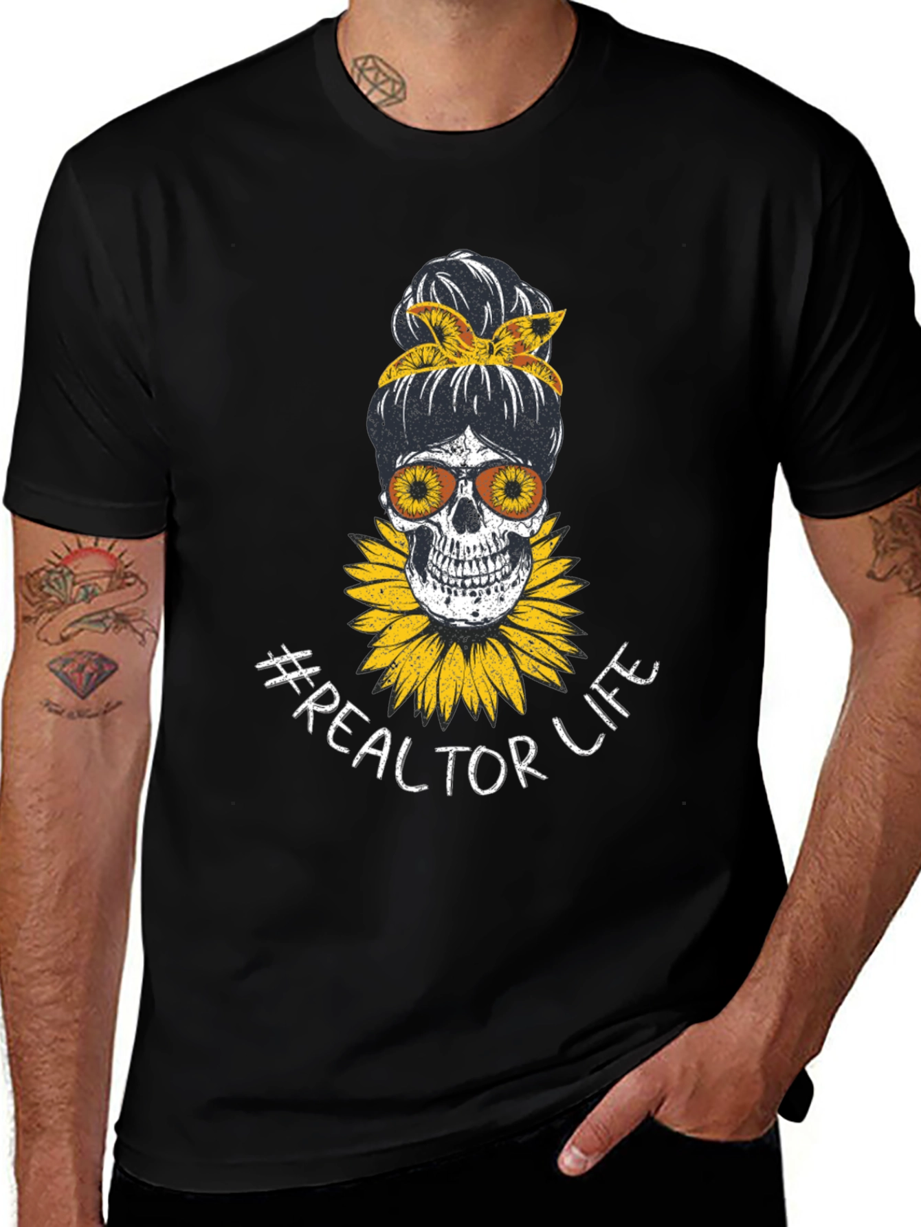 Realtor Life Skull Sunflower Graphic T-Shirt