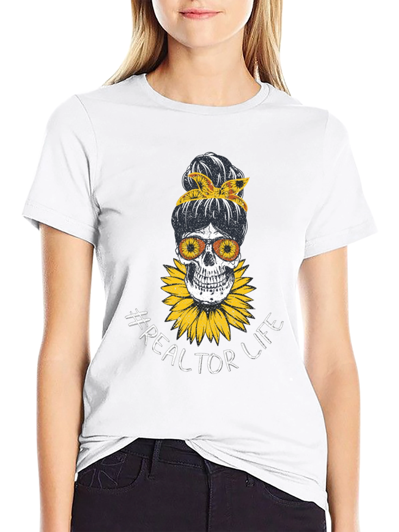 Realtor Life Skull Sunflower Graphic T-Shirt
