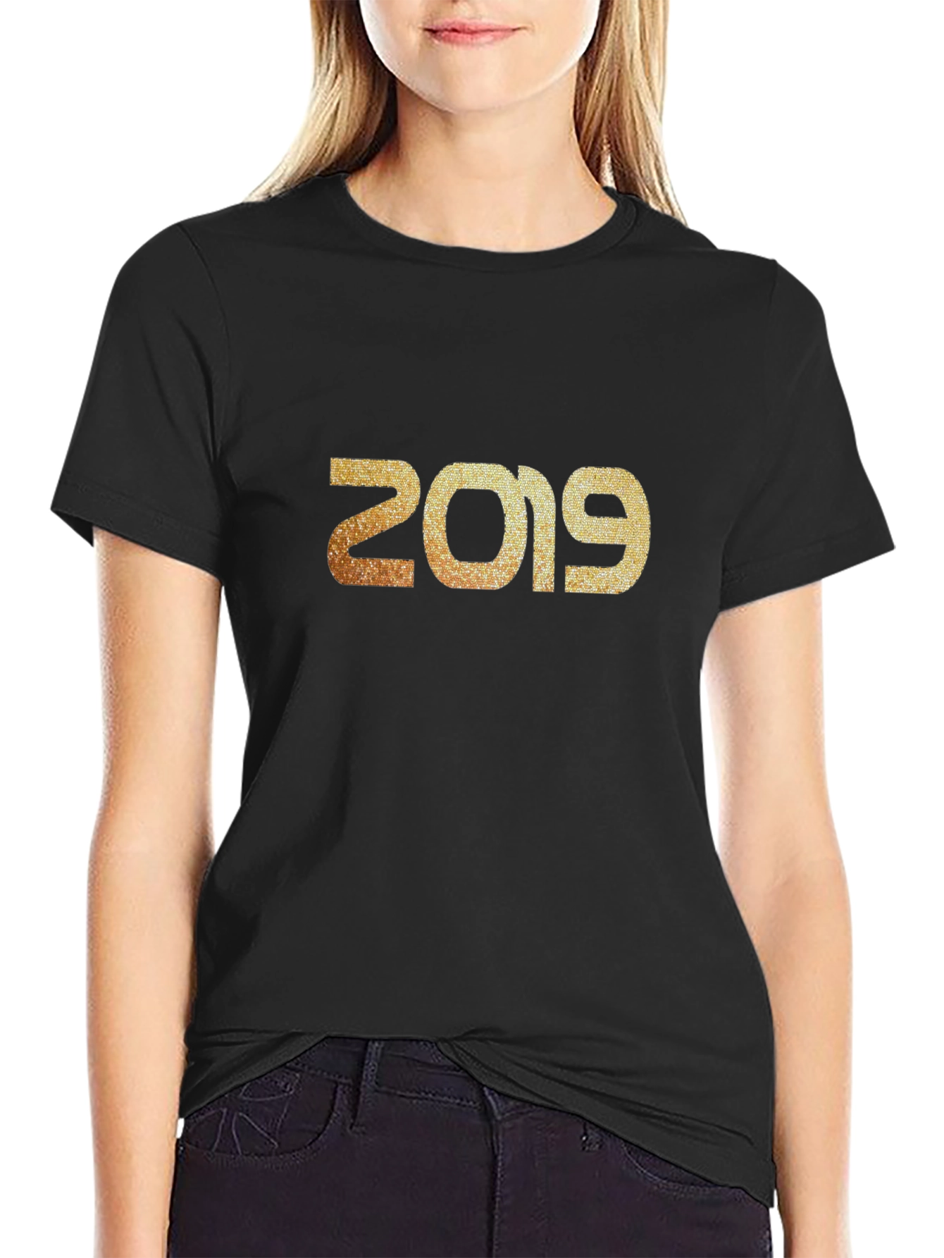 2019 Glitter Print Black T-Shirt