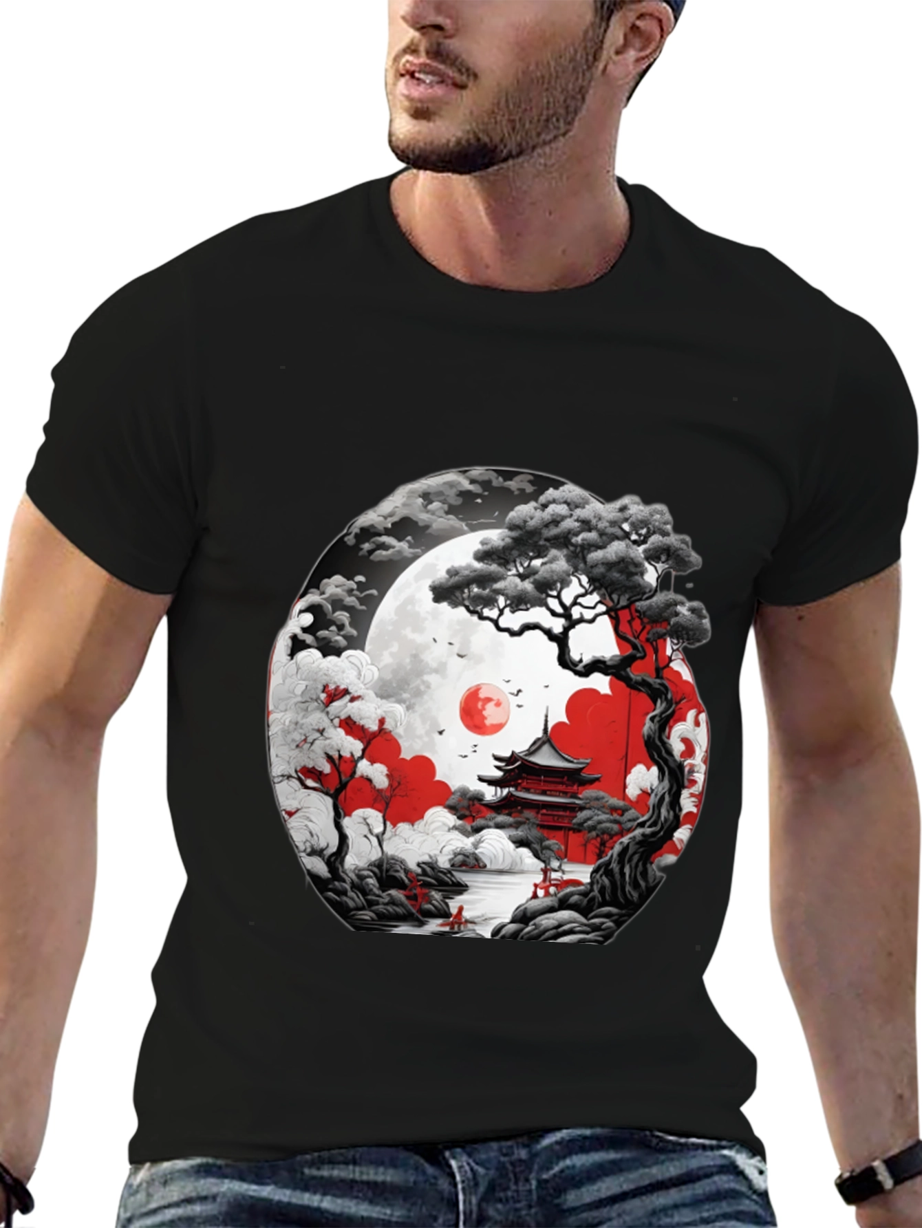 Japanese Temple Moon Graphic T-Shirt