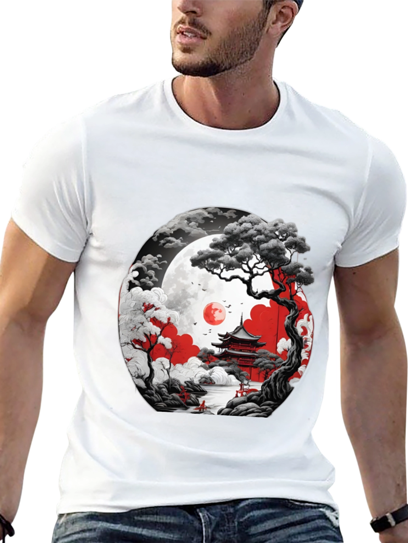 Japanese Temple Moon Graphic T-Shirt