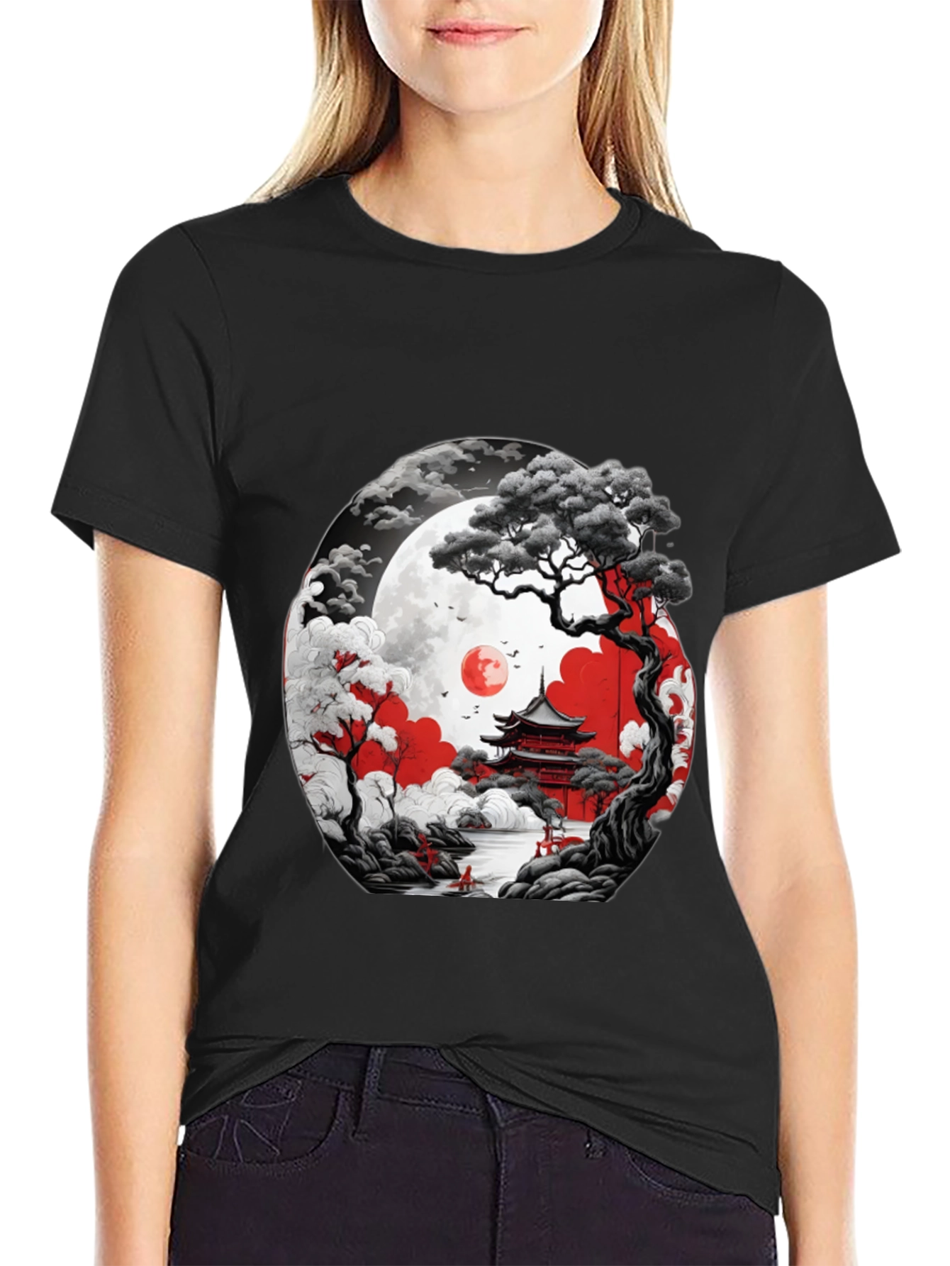 Japanese Temple Moon Graphic T-Shirt