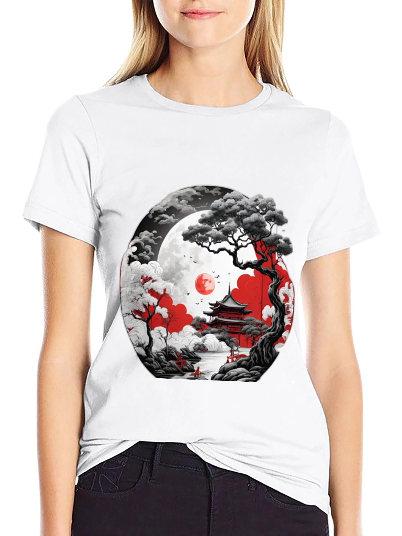 Japanese Temple Moon Graphic T-Shirt