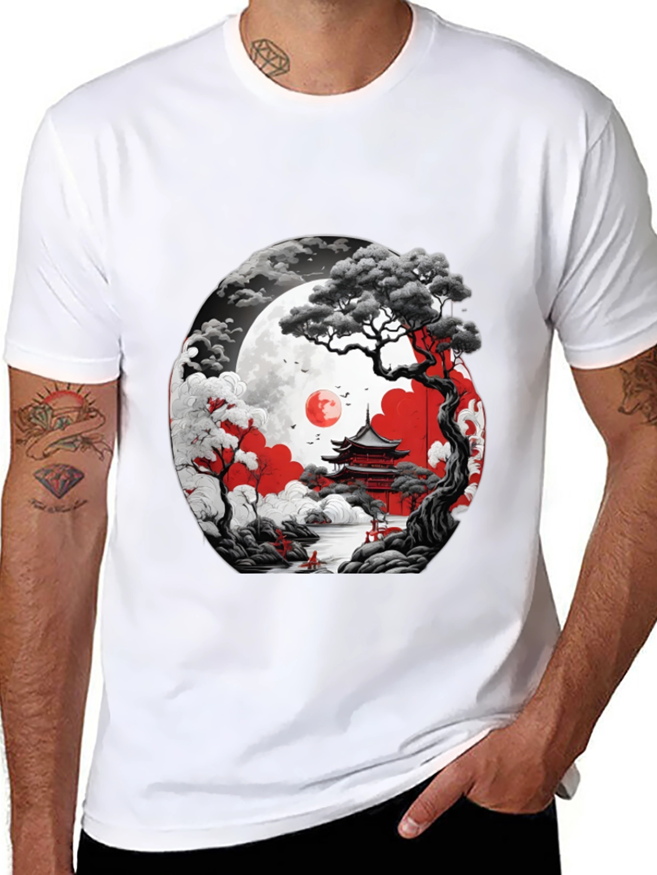 Japanese Temple Moon Graphic T-Shirt