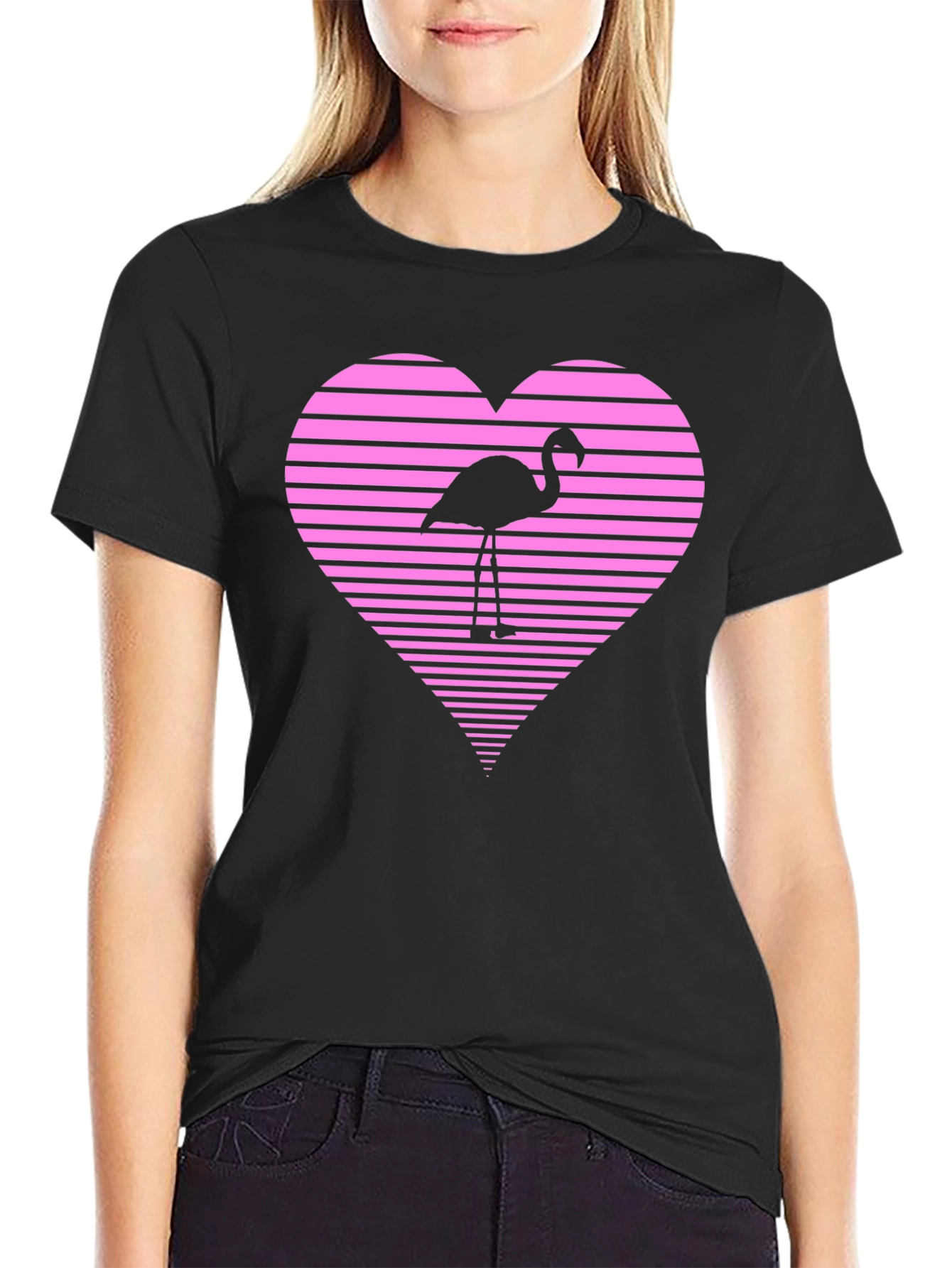Flamingo Heart Graphic Tee - Black