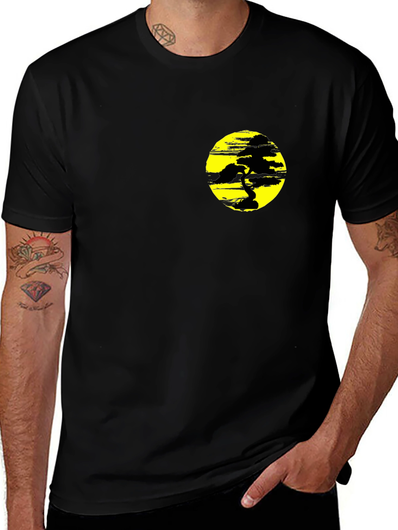Black T-Shirt with Yellow Bonsai Graphic
