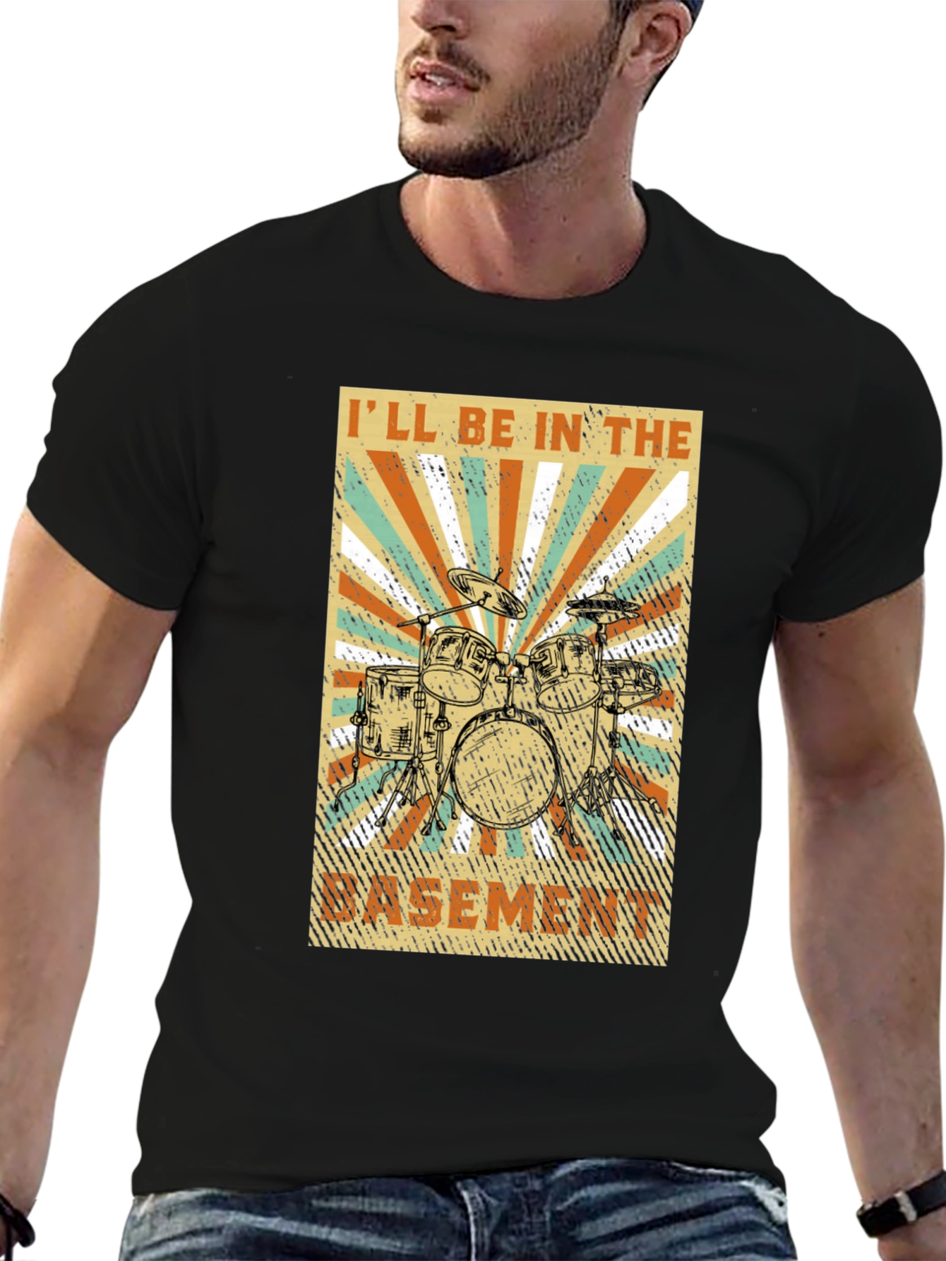 Drum Set Basement Graphic Tee - Music Lover T-Shirt