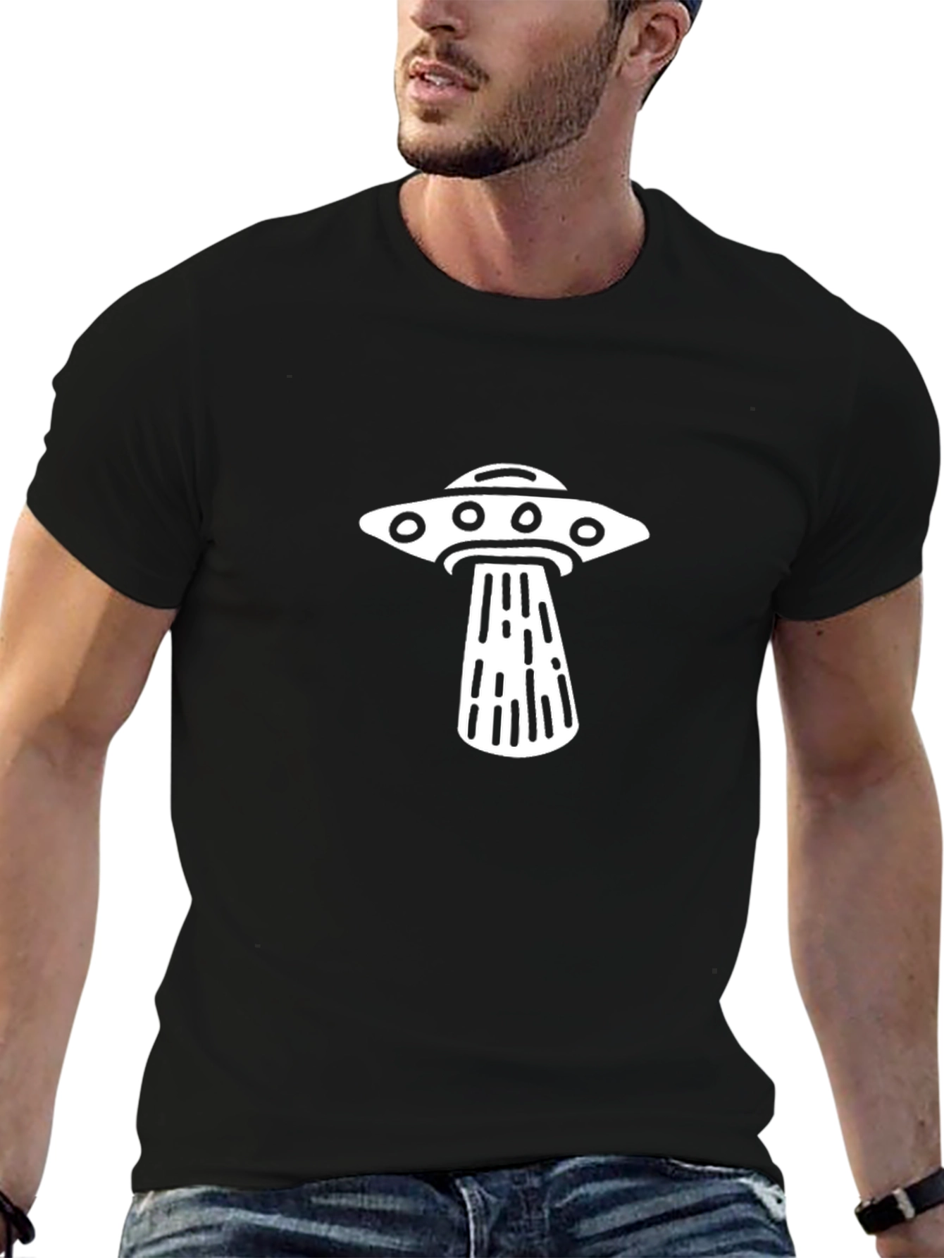 UFO Abduction Graphic Tee - Black Cotton Blend T-Shirt