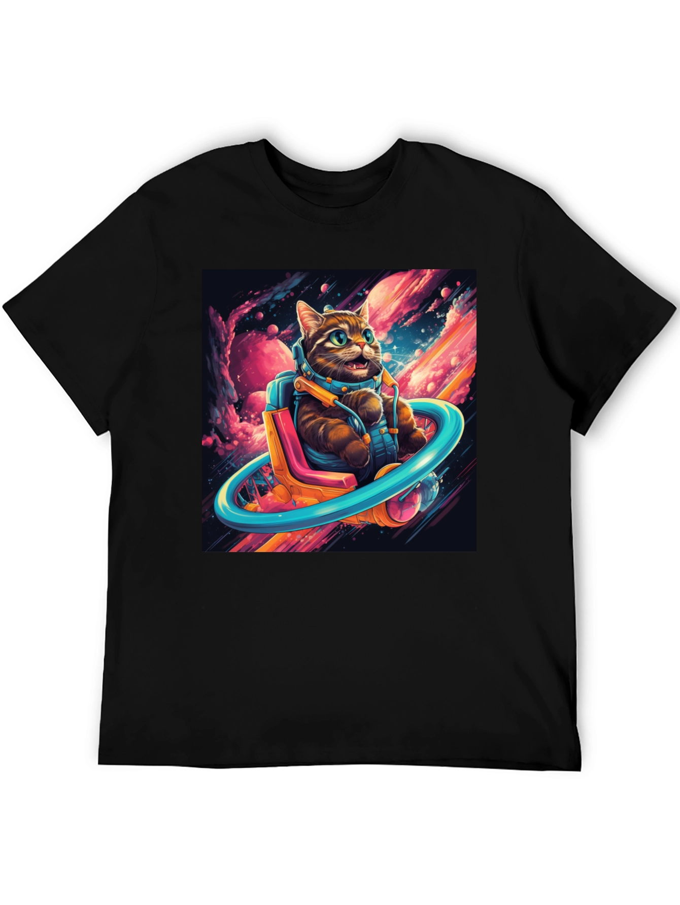 Cat Astronaut Graphic Tee - Black Cotton Blend T-Shirt