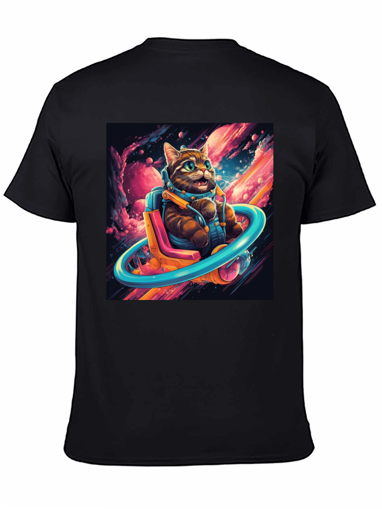 Cat Astronaut Graphic Tee - Black Cotton Blend T-Shirt