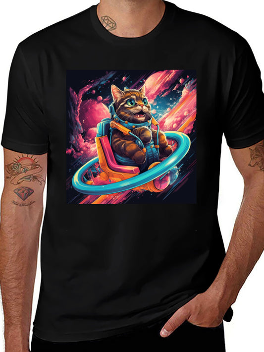 Cat Astronaut Graphic Tee - Black Cotton Blend T-Shirt