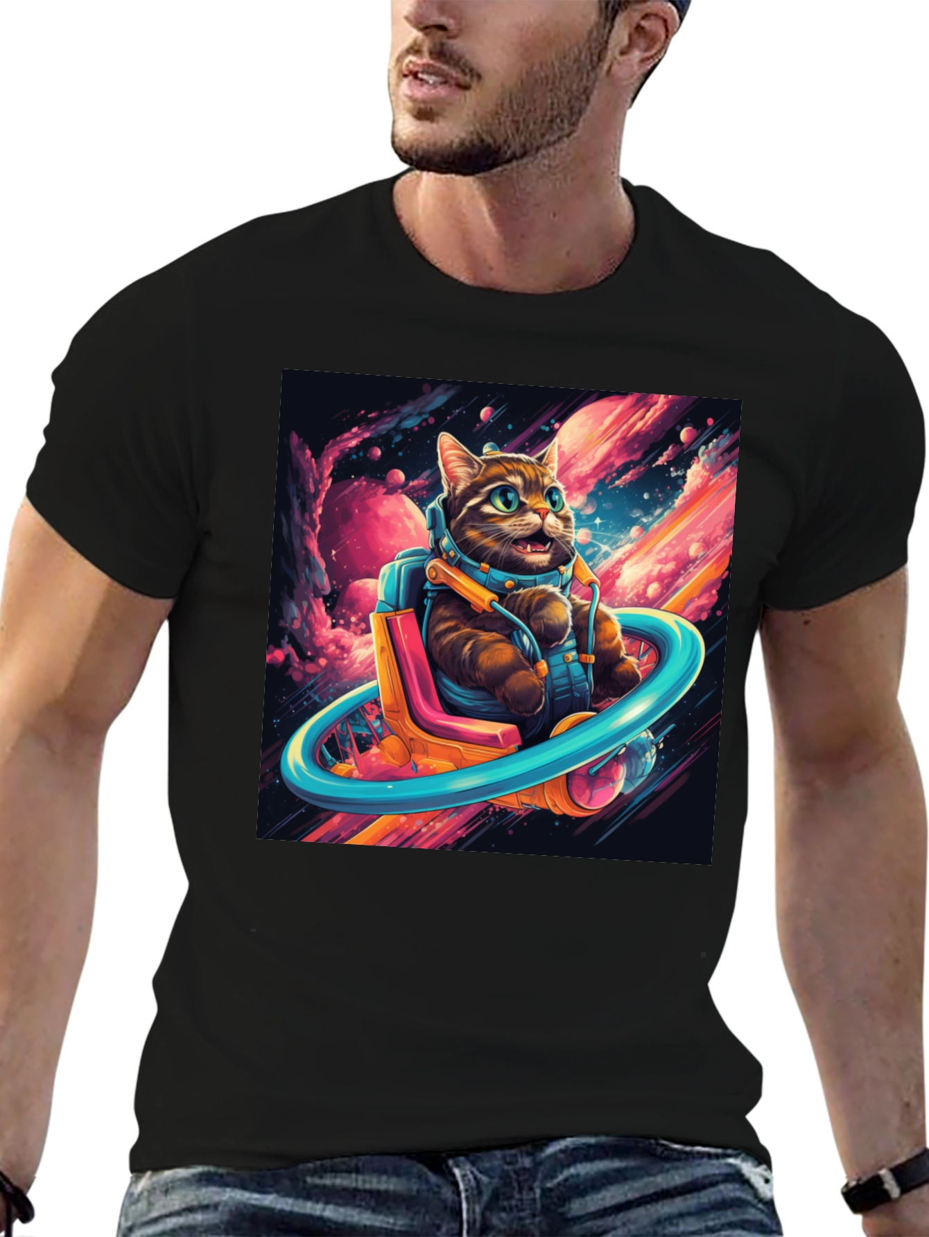 Cat Astronaut Graphic Tee - Black Cotton Blend T-Shirt