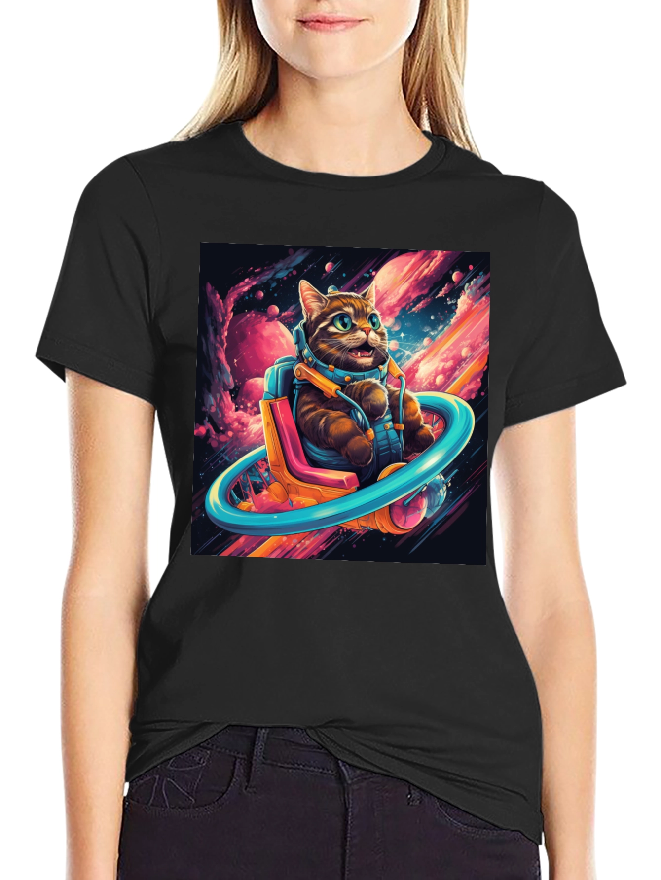 Cat Astronaut Graphic Tee - Black Cotton Blend T-Shirt