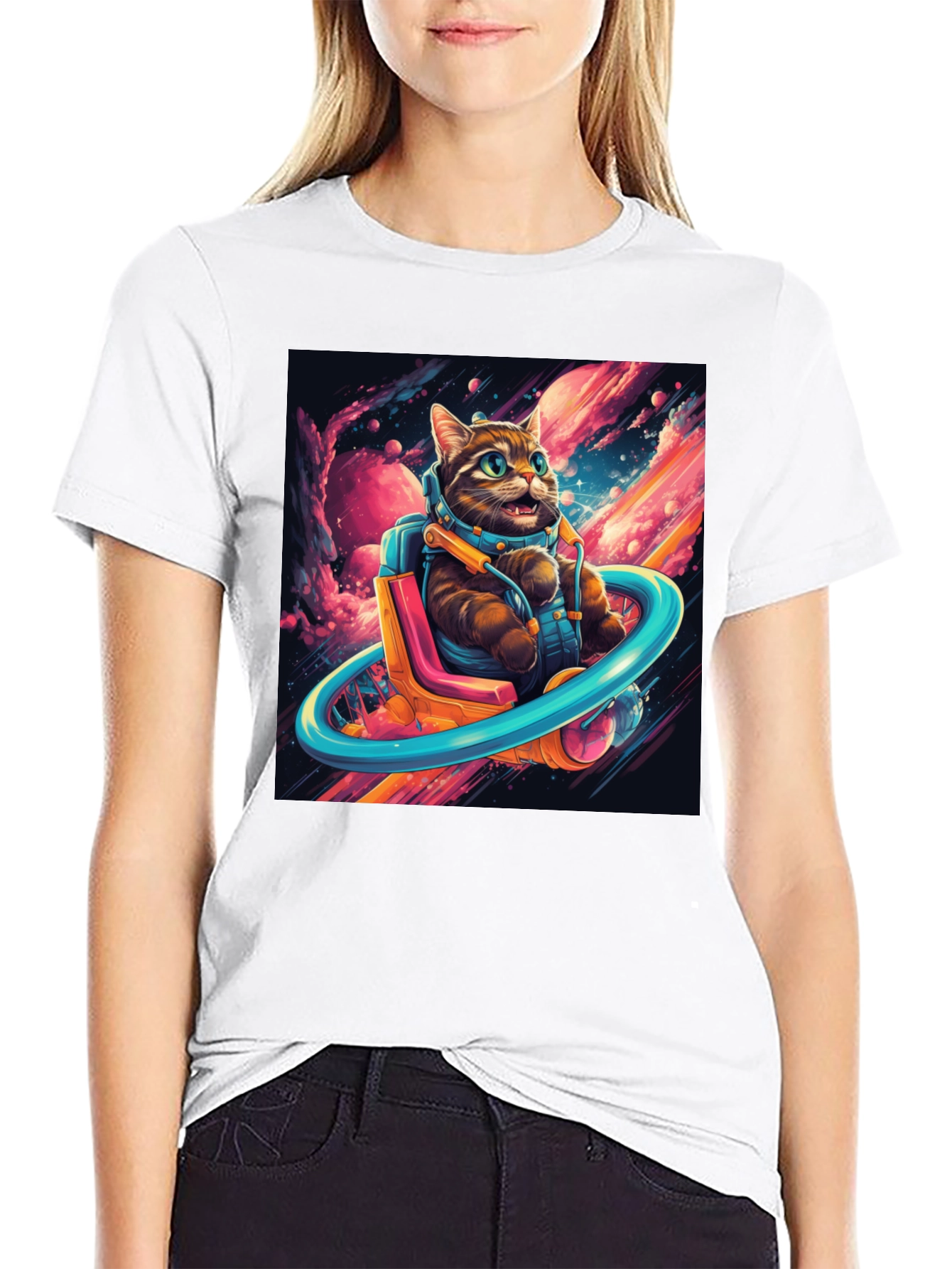 Cat Astronaut Graphic Tee - Black Cotton Blend T-Shirt