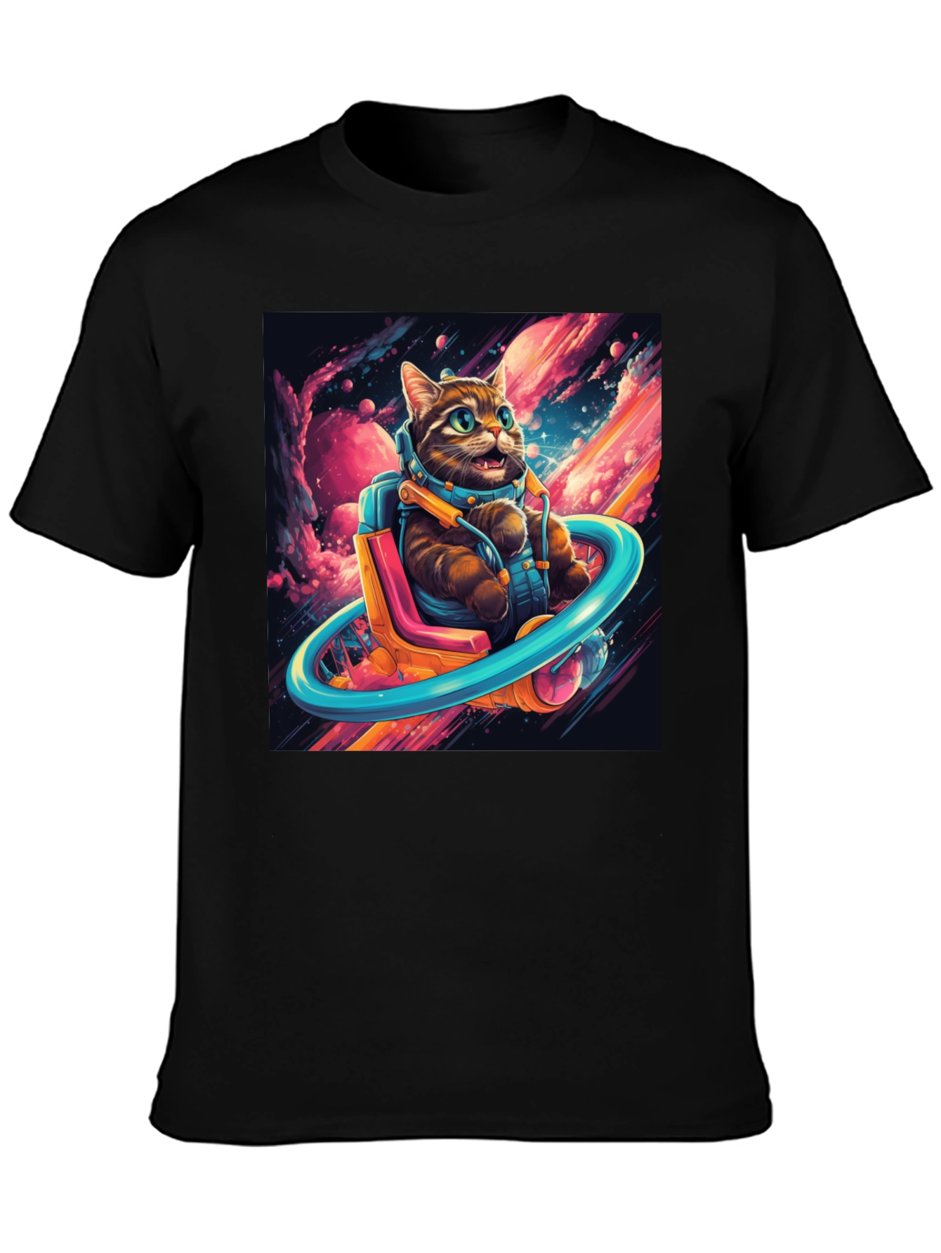 Cat Astronaut Graphic Tee - Black Cotton Blend T-Shirt