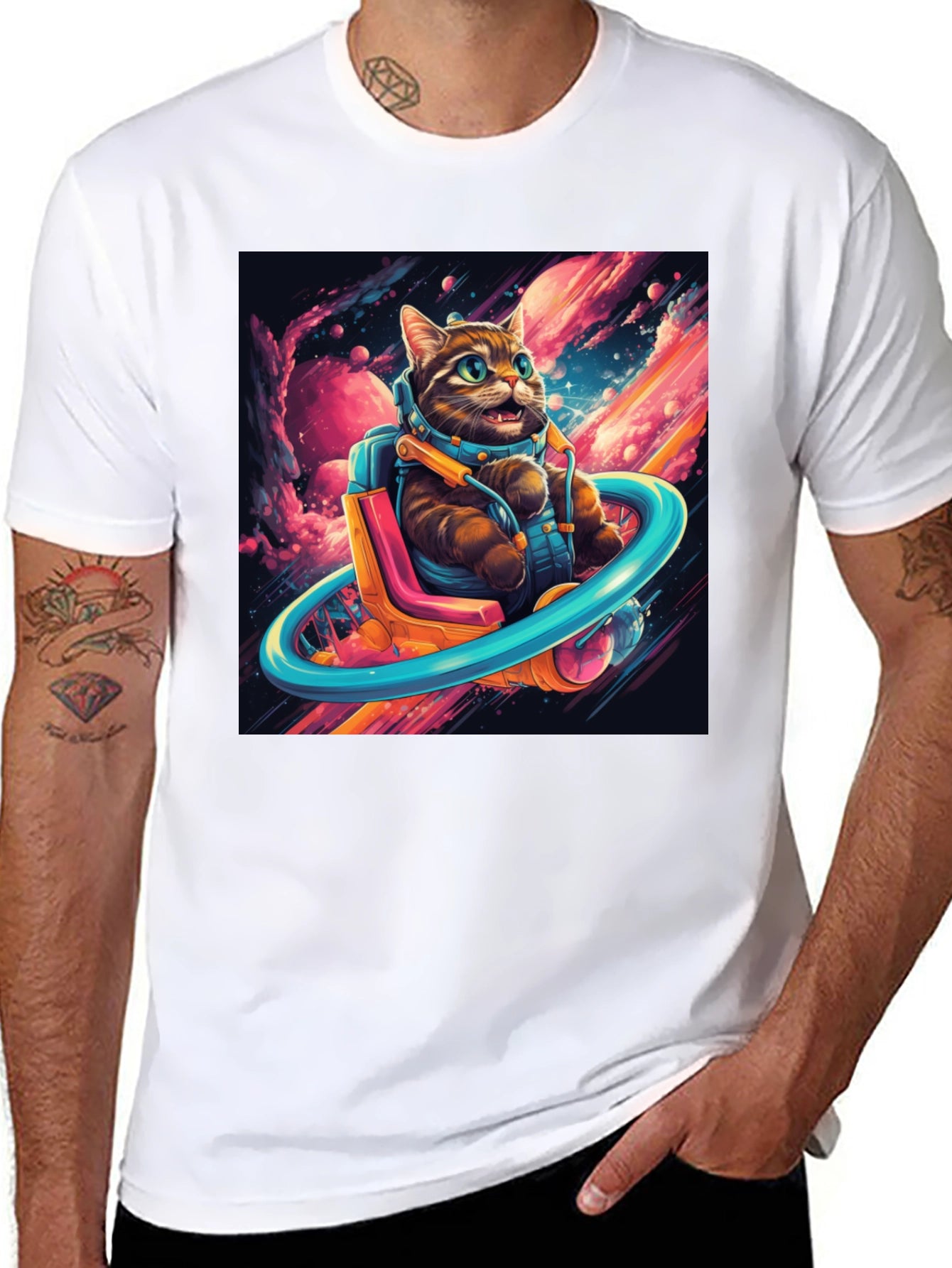 Cat Astronaut Graphic Tee - Black Cotton Blend T-Shirt
