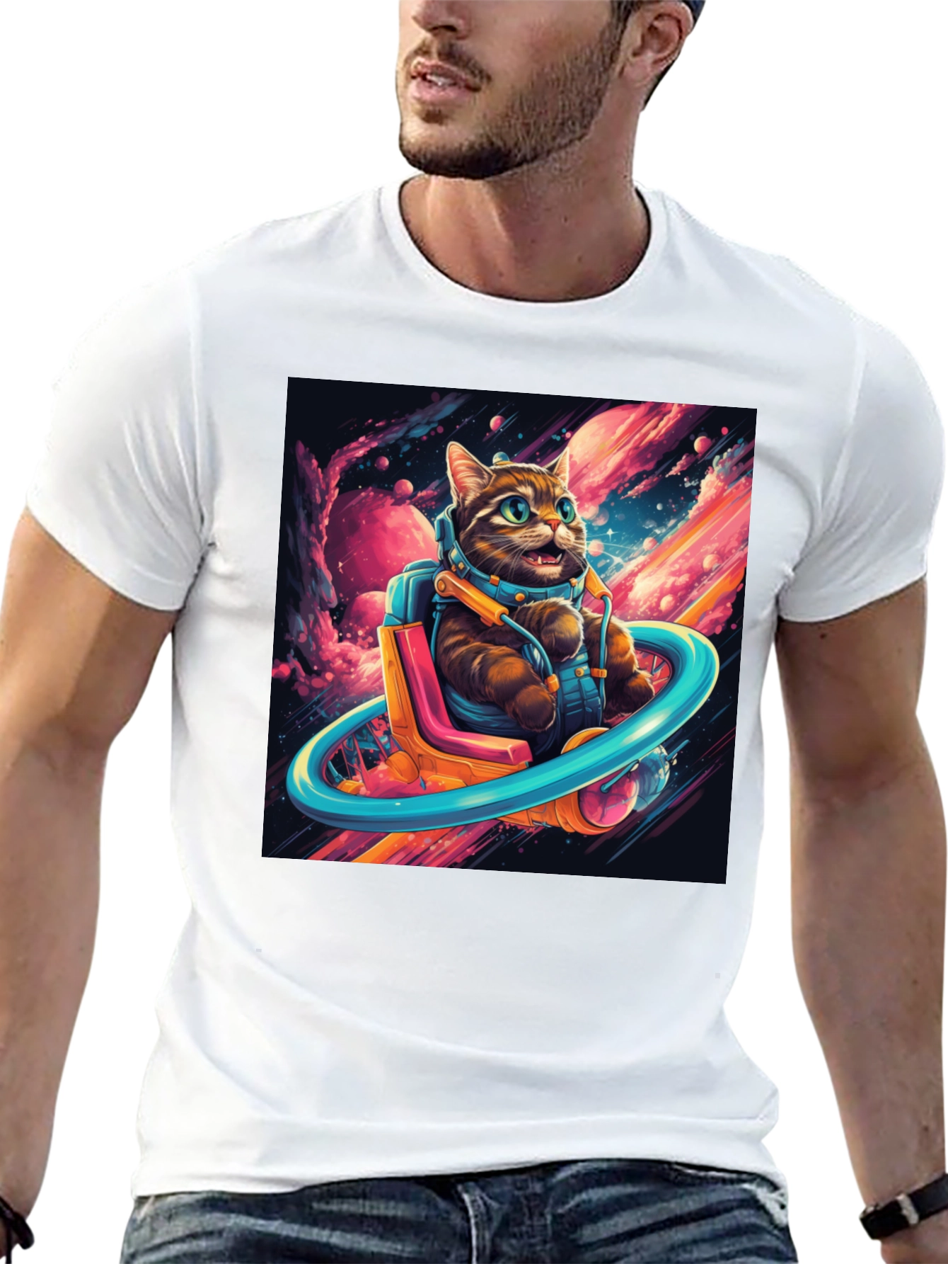 Cat Astronaut Graphic Tee - Black Cotton Blend T-Shirt
