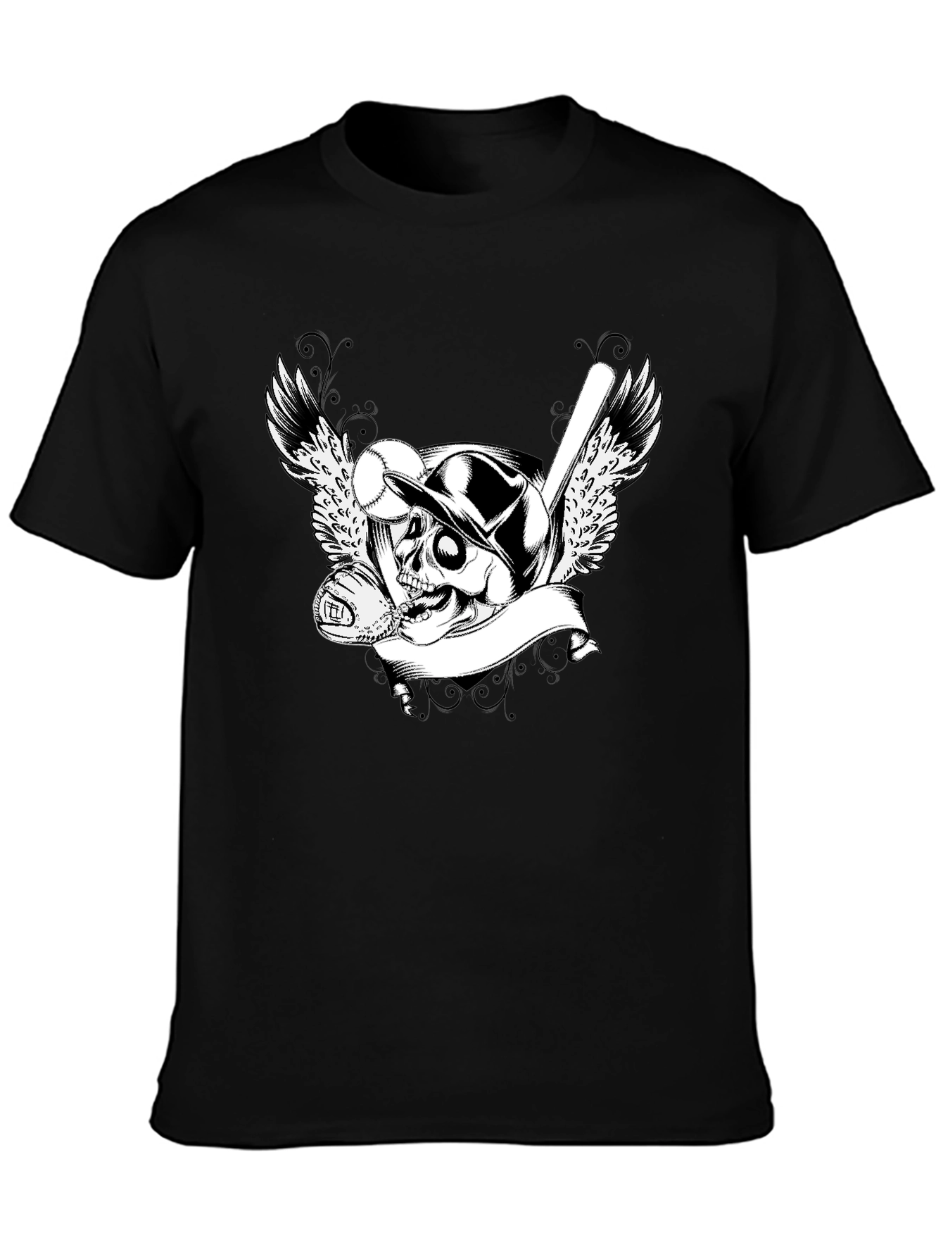 Baseball Skull Graphic Tee - Mens Black T-Shirt