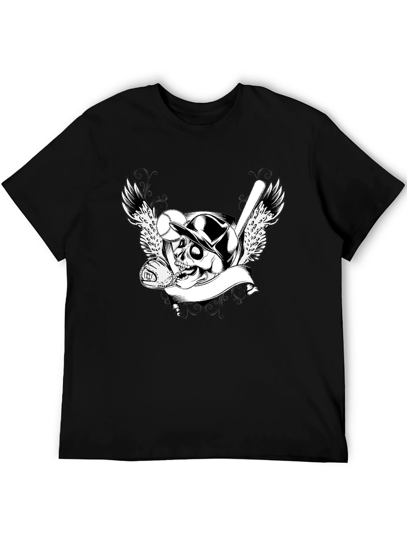 Baseball Skull Graphic Tee - Mens Black T-Shirt