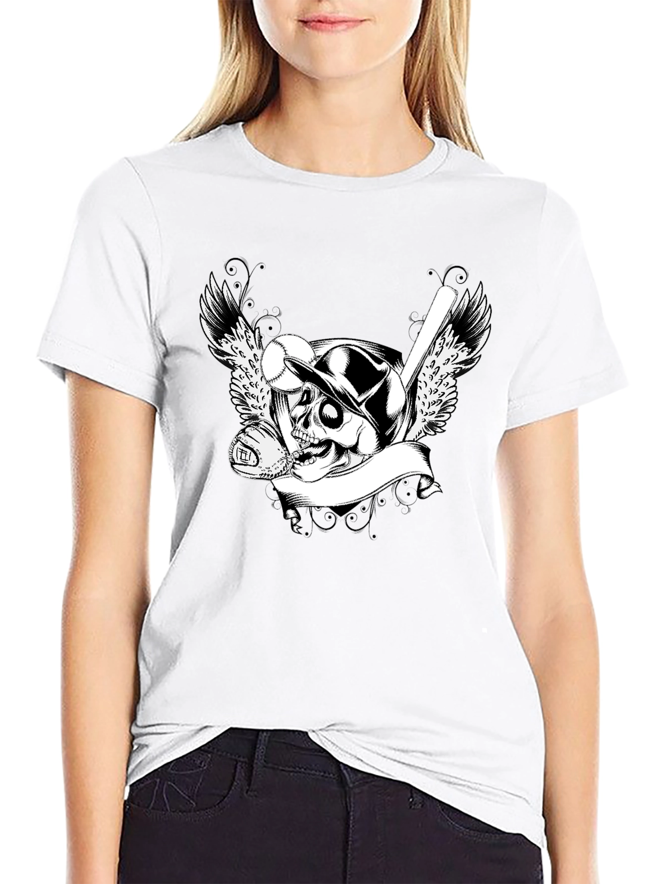 Baseball Skull Graphic Tee - Mens Black T-Shirt