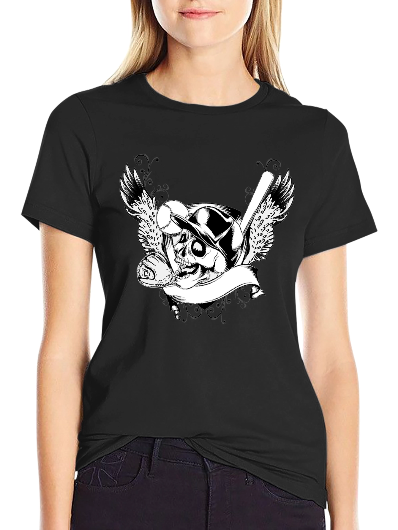 Baseball Skull Graphic Tee - Mens Black T-Shirt