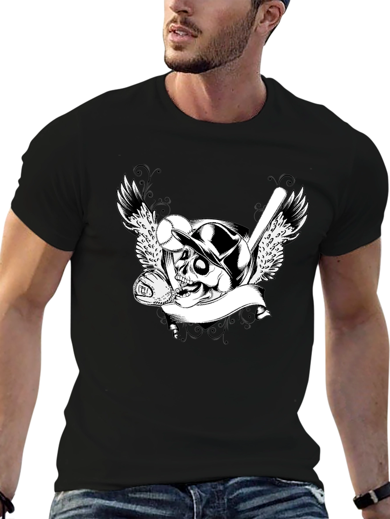Baseball Skull Graphic Tee - Mens Black T-Shirt