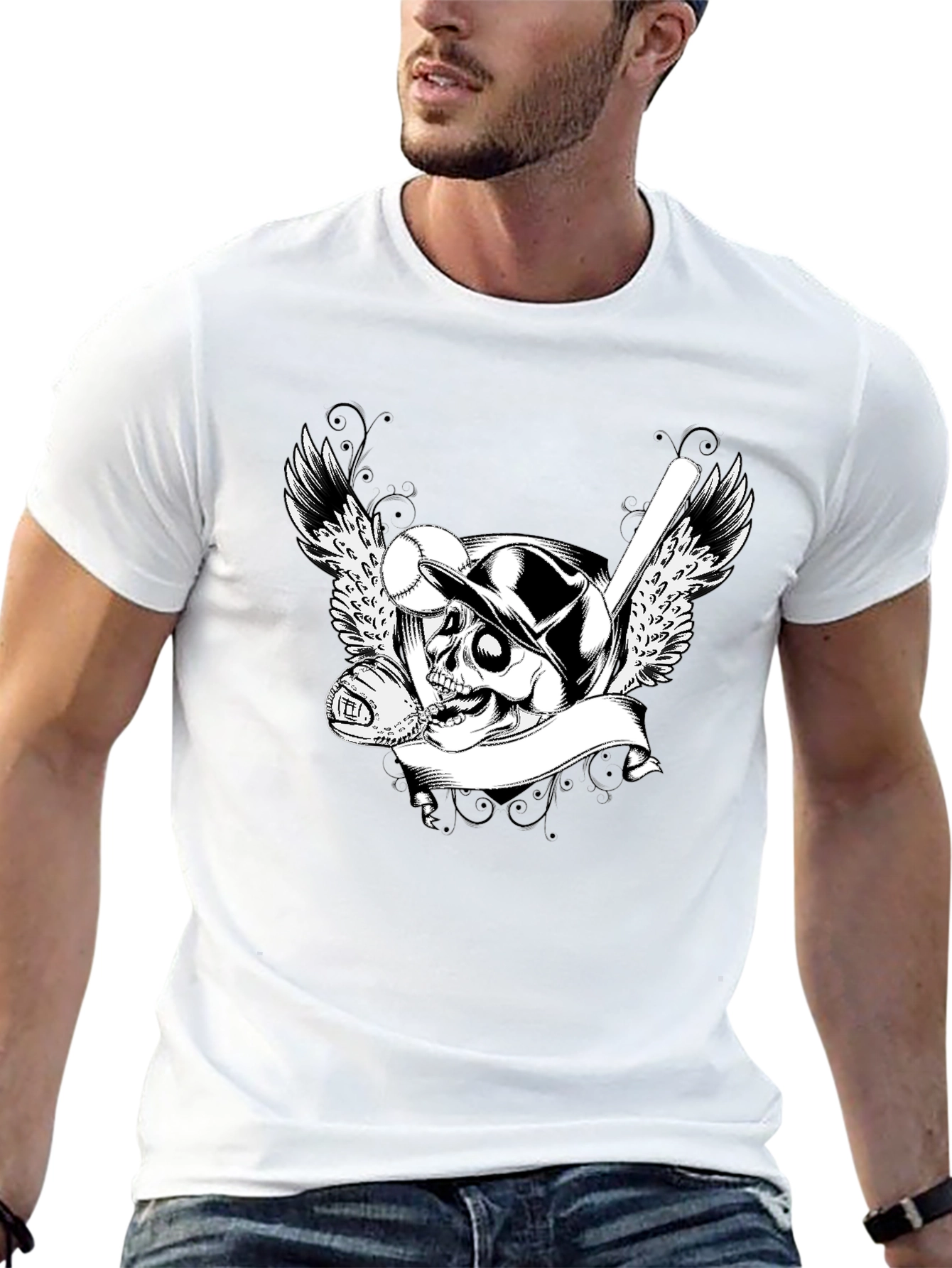 Baseball Skull Graphic Tee - Mens Black T-Shirt