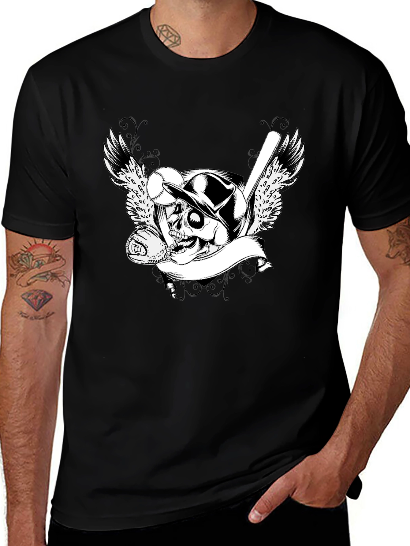 Baseball Skull Graphic Tee - Mens Black T-Shirt