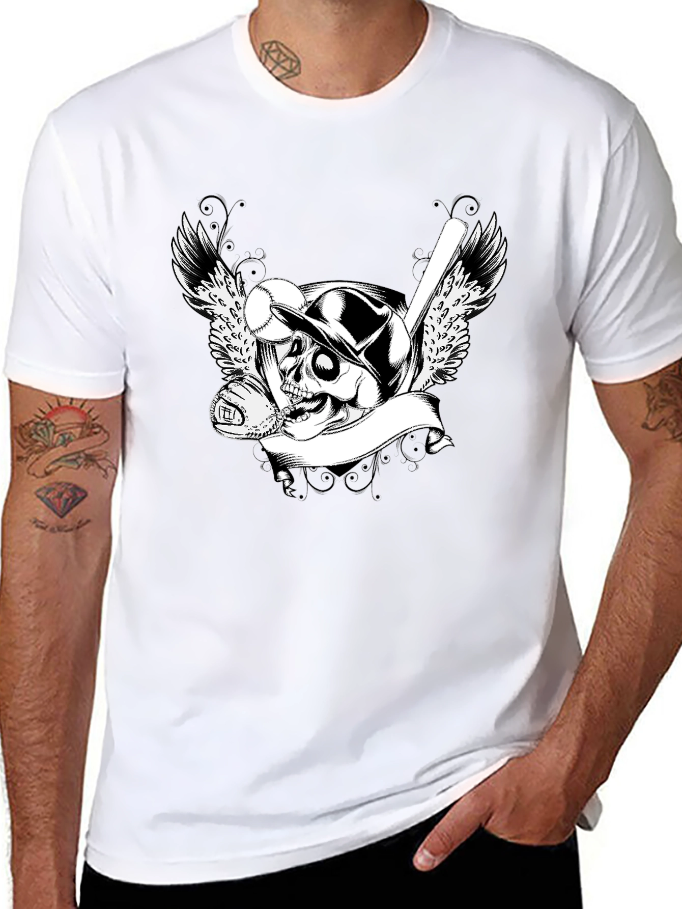 Baseball Skull Graphic Tee - Mens Black T-Shirt