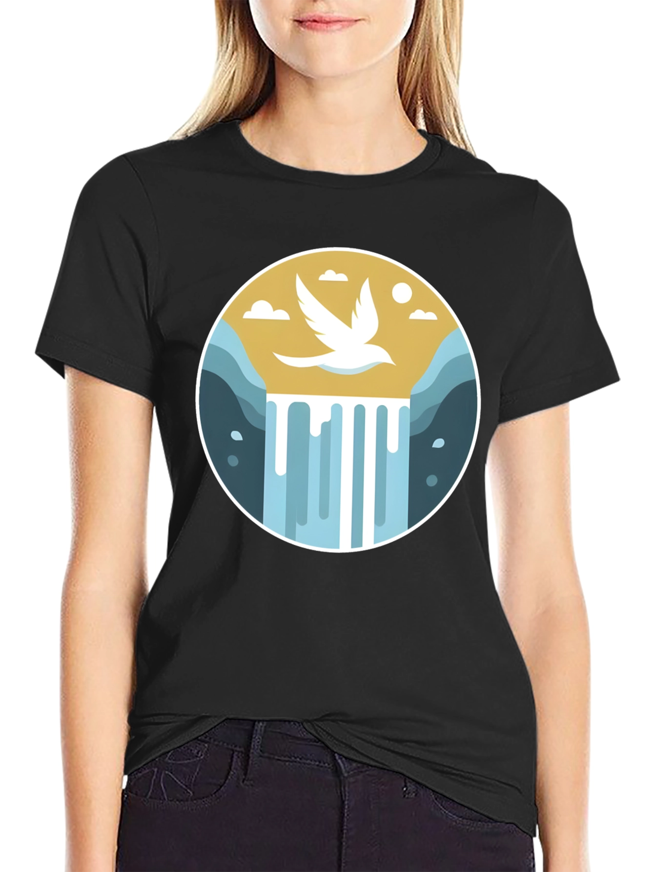 Natures Harmony T-Shirt - Bird & Waterfall Graphic Tee