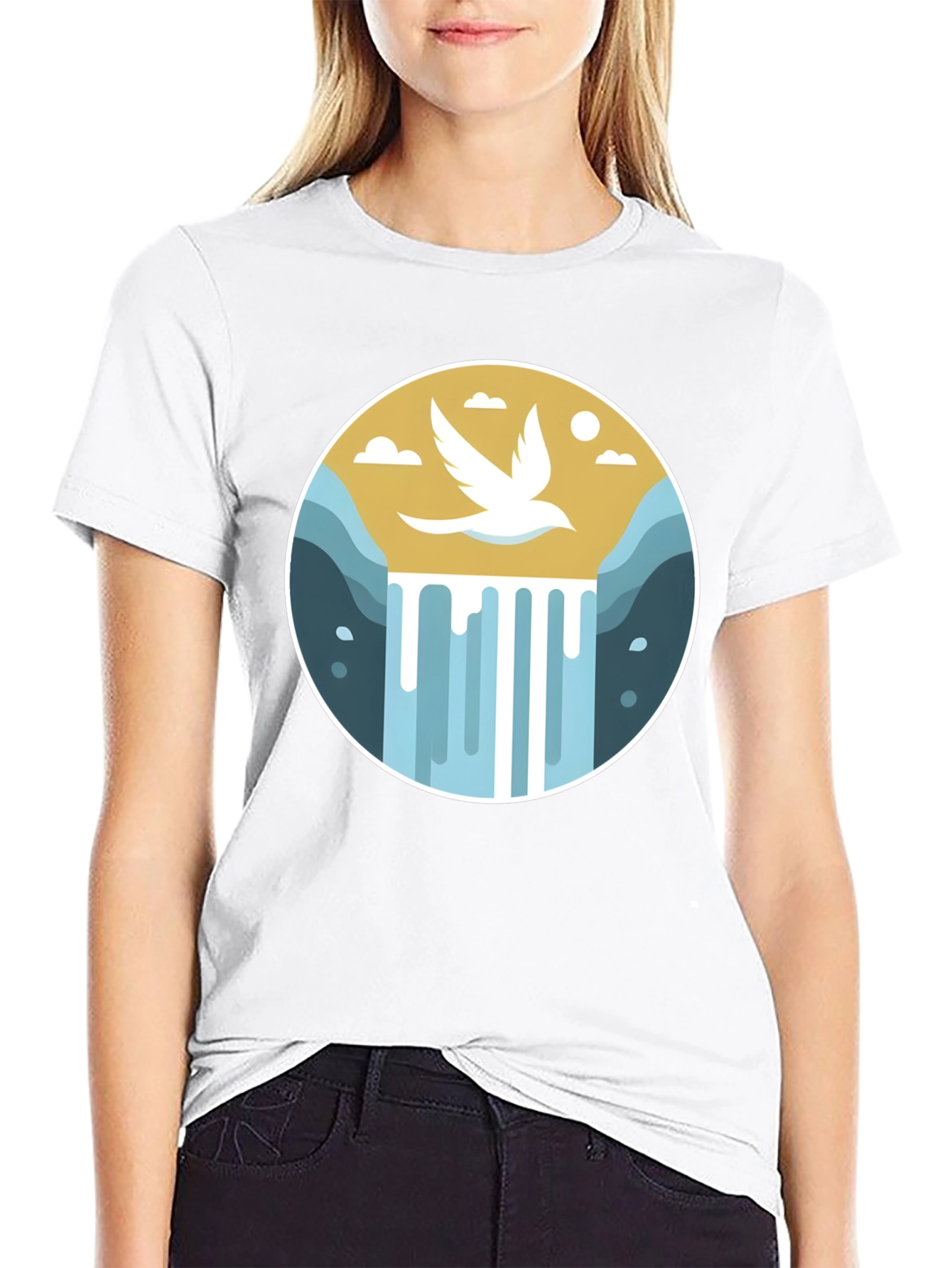 Natures Harmony T-Shirt - Bird & Waterfall Graphic Tee