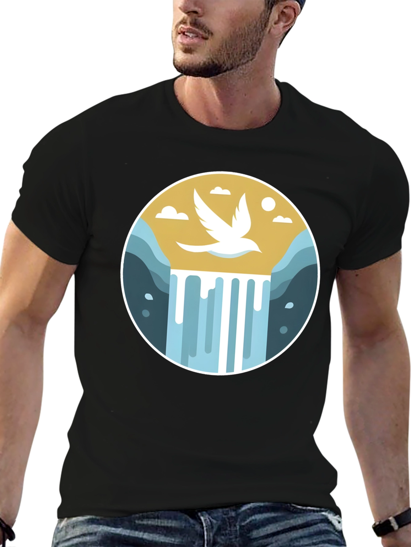 Natures Harmony T-Shirt - Bird & Waterfall Graphic Tee