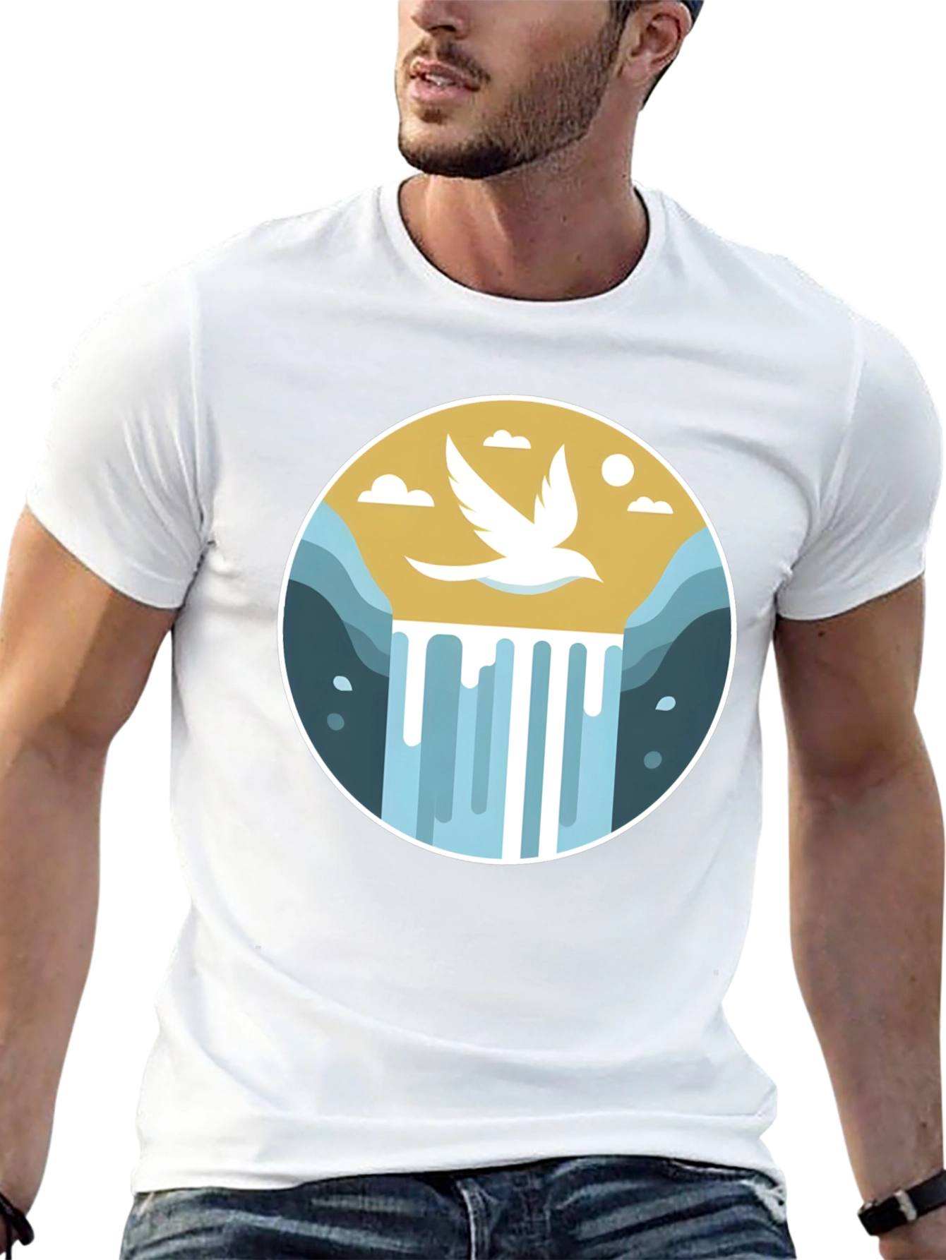 Natures Harmony T-Shirt - Bird & Waterfall Graphic Tee