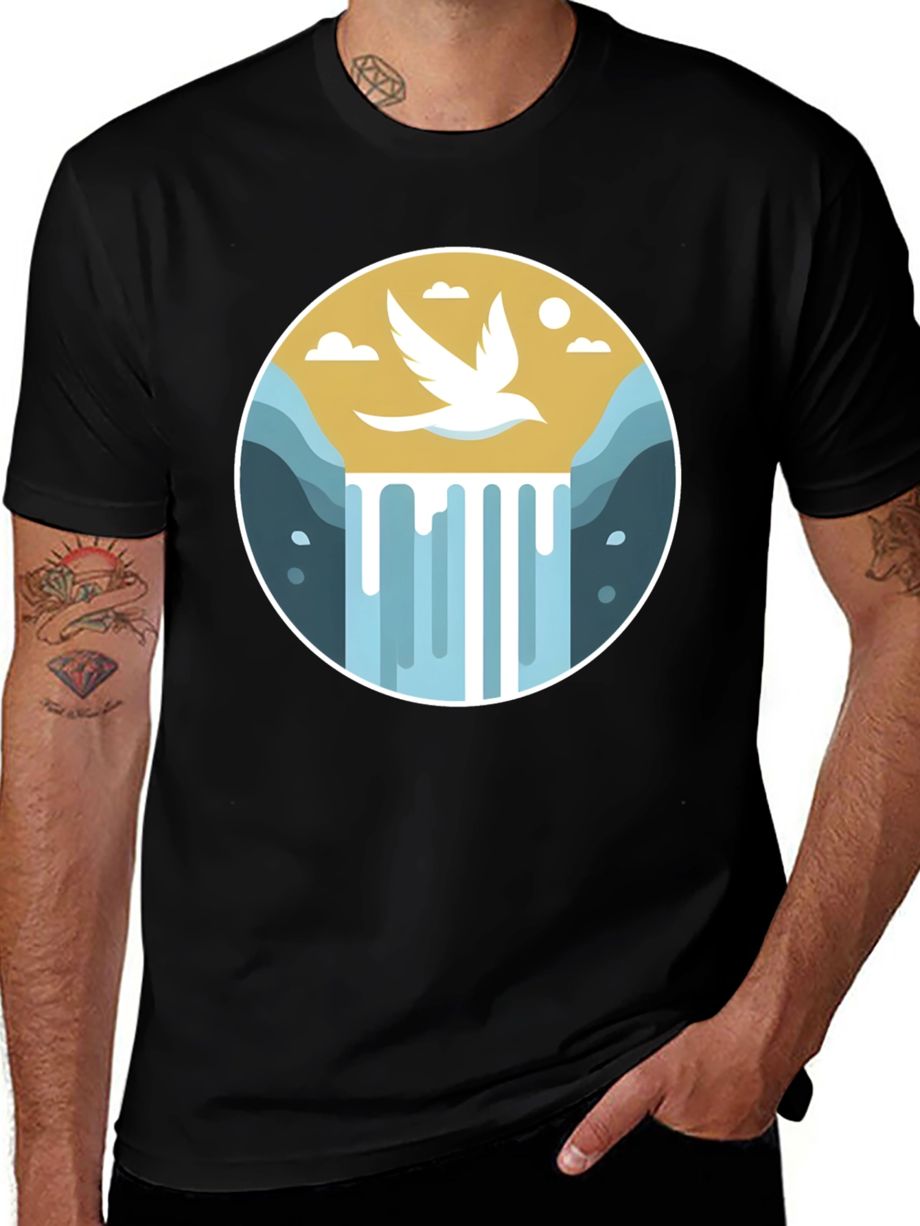 Natures Harmony T-Shirt - Bird & Waterfall Graphic Tee