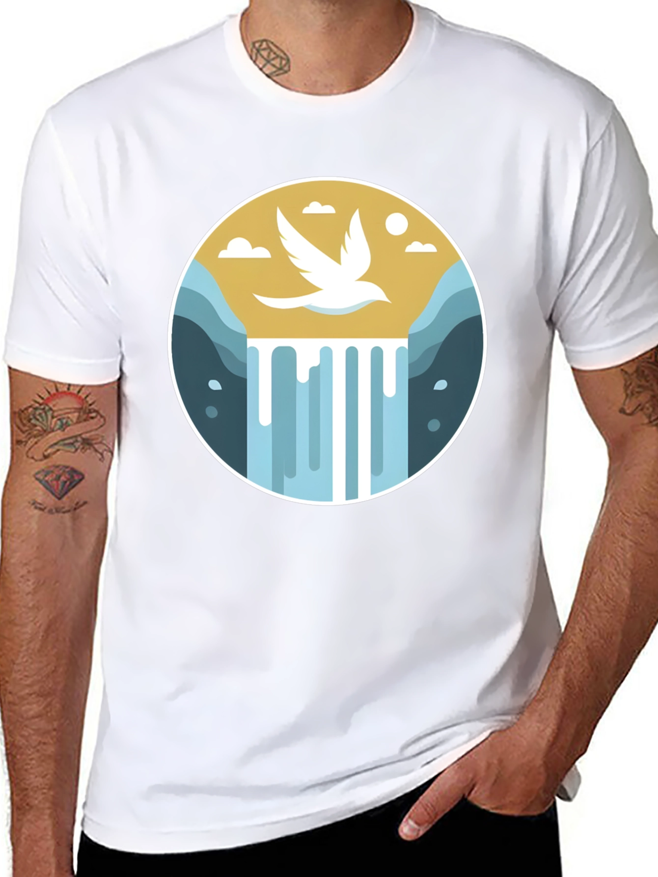 Natures Harmony T-Shirt - Bird & Waterfall Graphic Tee