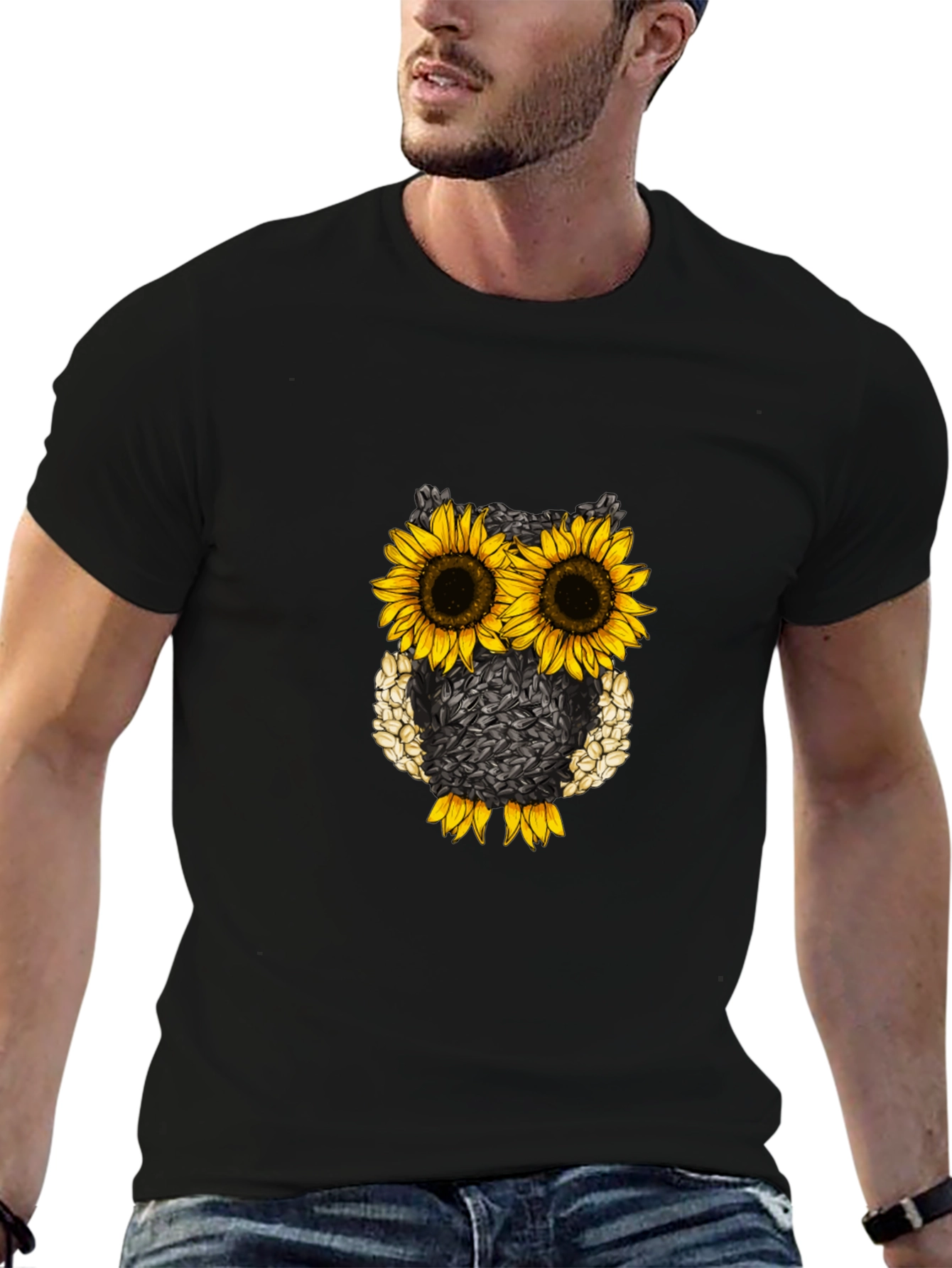 Sunflower Owl Graphic Tee - Black Cotton Blend