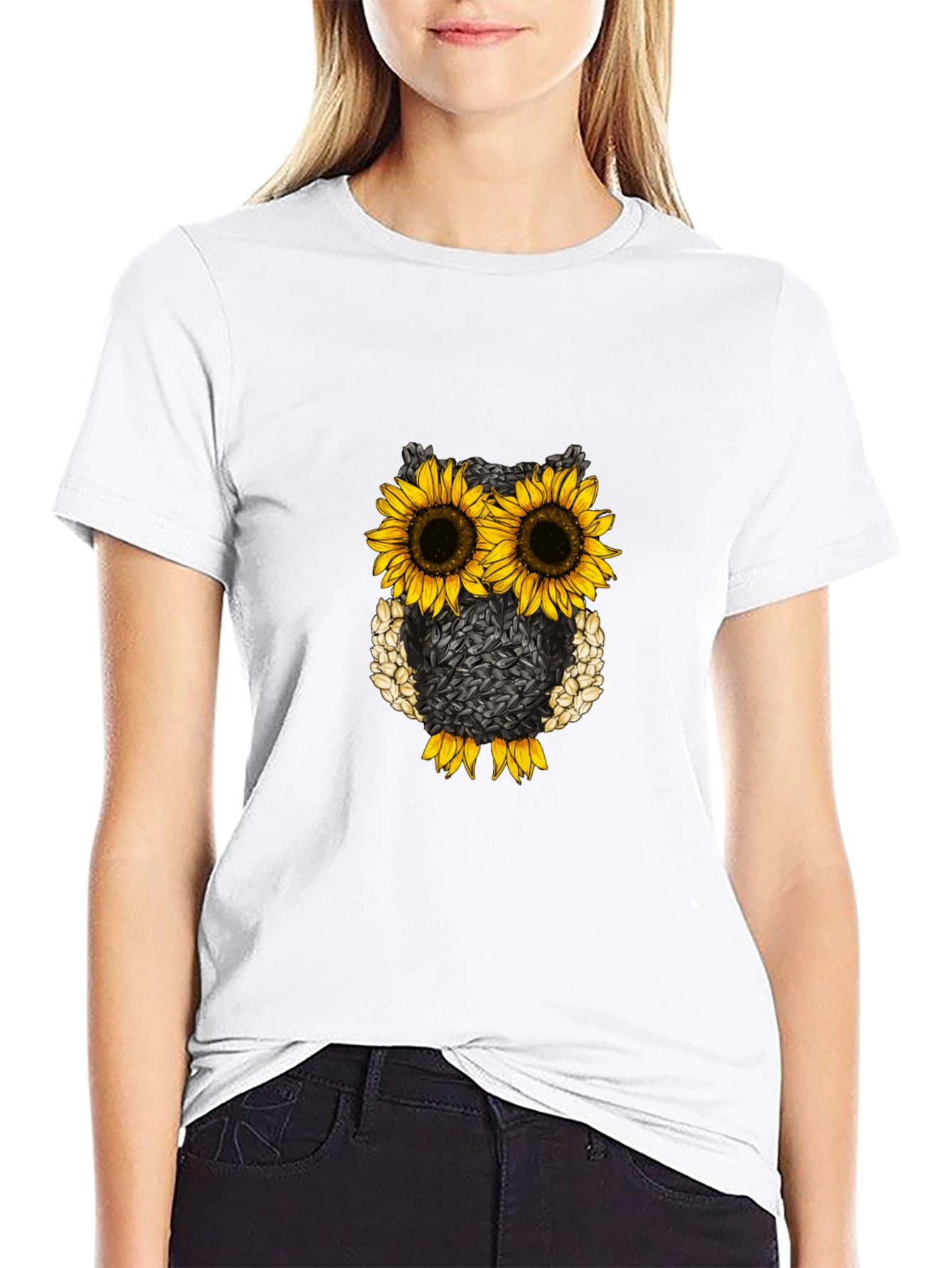 Sunflower Owl Graphic Tee - Black Cotton Blend